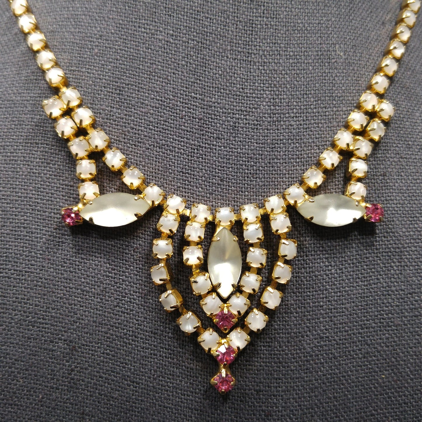 Frosty White Pink Rhinestone Necklace, Gold Plated, 1960s Vintage Jewelry