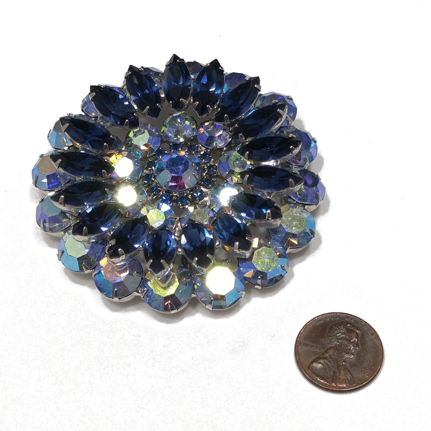 Mid Century Blue Aurora Borealis Brooch, Rhodium Plated, 1960s Vintage Jewelry