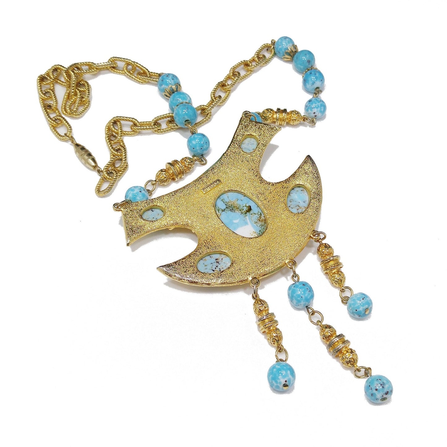 Vendome Pendant Necklace, Gold Plated, Faux Glass Turquoise, 1960s Vintage Jewelry