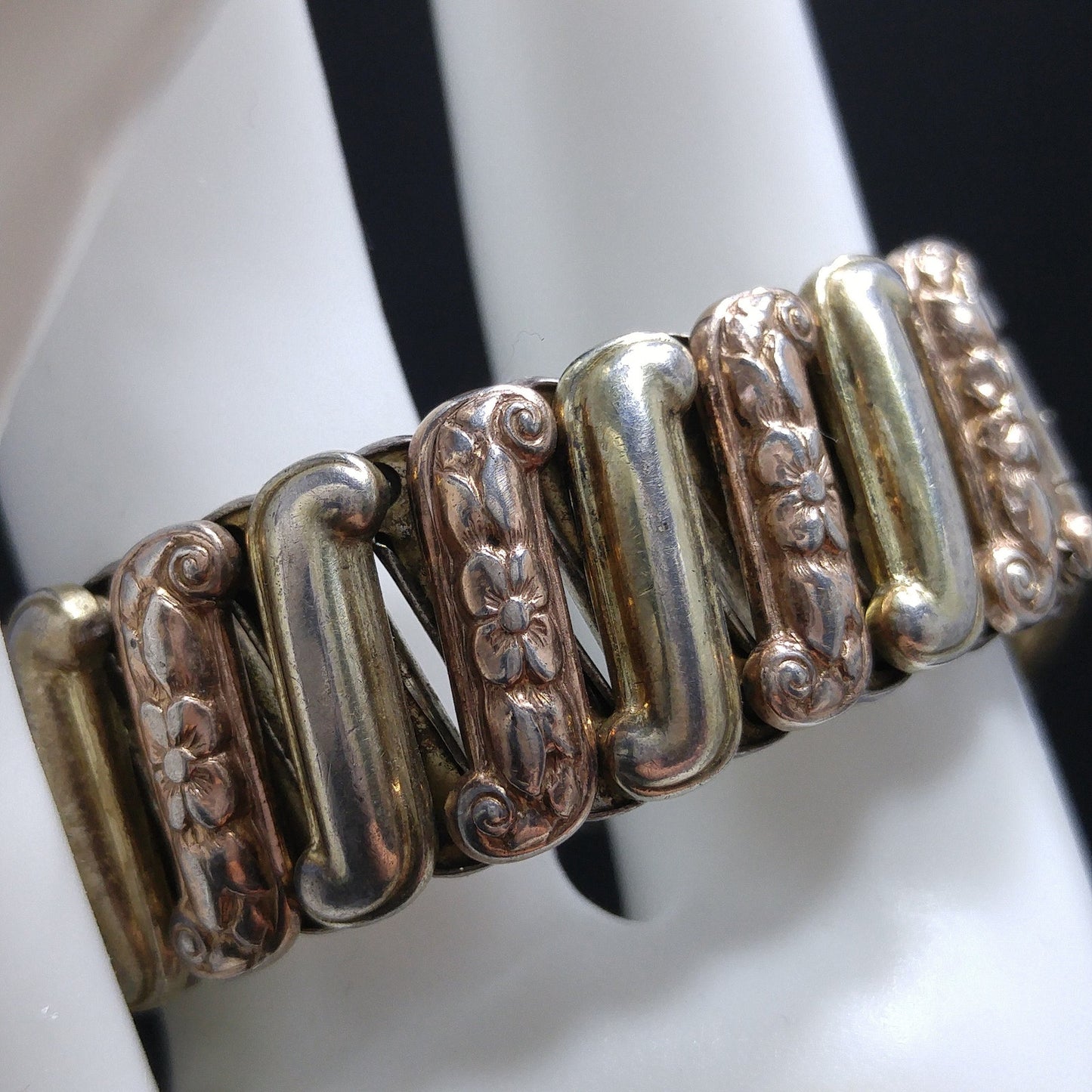 Antique Lustern Expansion Bracelet, 12KGF Sterling, Green Rhinestones, 1920s Vintage Jewelry