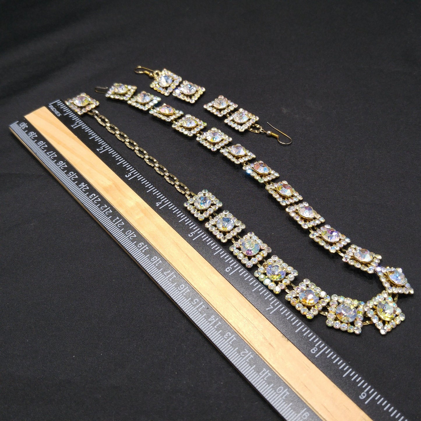 Vintage 1960s Aurora Borealis Rhinestone Necklace & Earrings Set – Square Links
