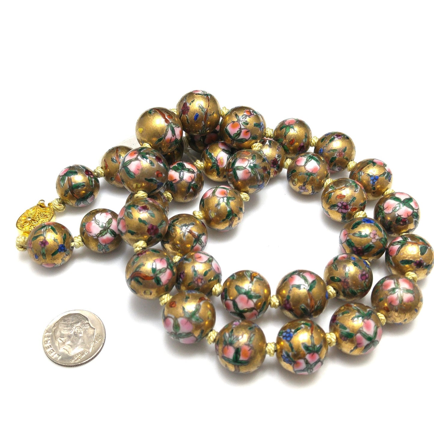 Vintage Chinese Beaded Necklace, Hand Painted & Knotted Floral Beads, 1940s Vintage Jewelry