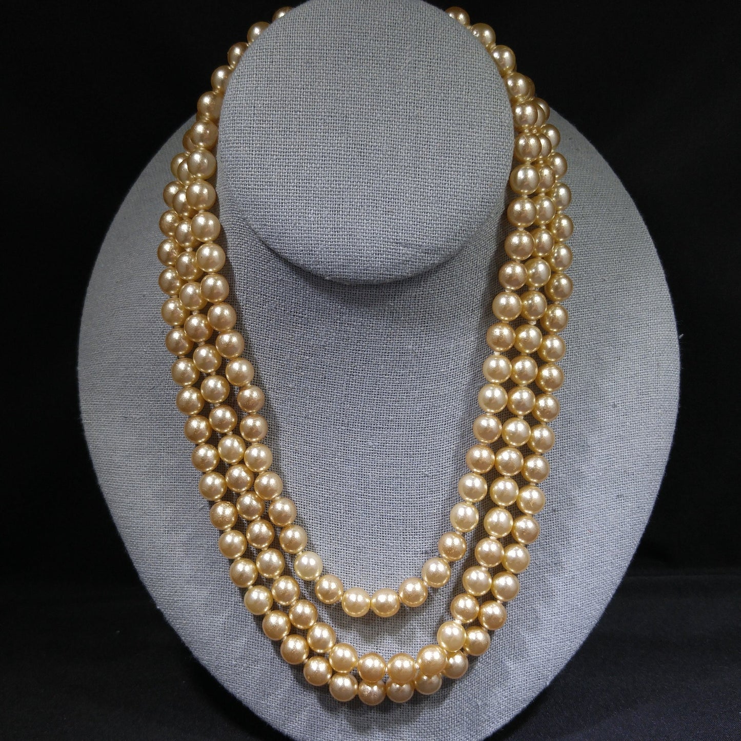 Faux Pearl Champagne Necklace, Three Strands, Glass Pearls, 1960s Vintage Jewelry
