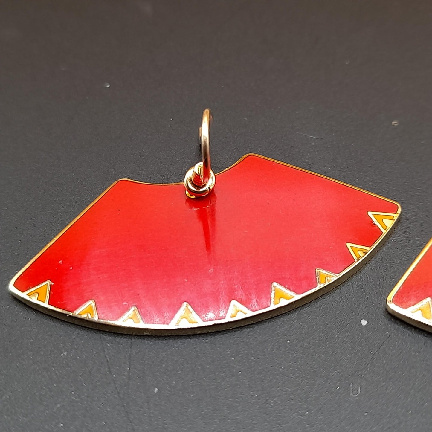 Laurel Burch "Mitra" Red Large Fan Earrings, Gold Plated, Cloisonne Enamel, 1980s Vintage Jewelry