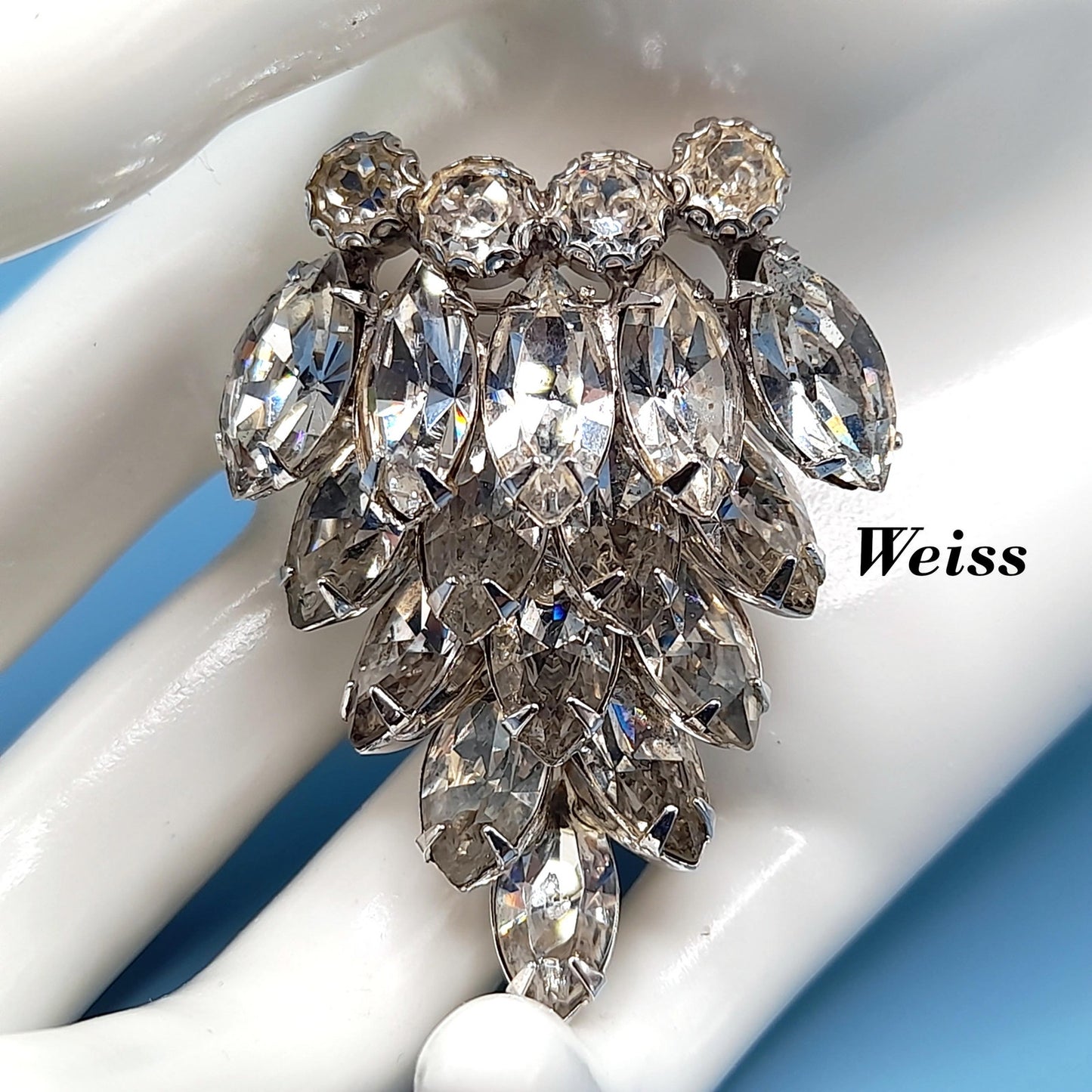 Vintage WEISS Wedding Brooch, Clear Crystal Rhinestones, Rhodium Plated, 2 Inches, 1960s