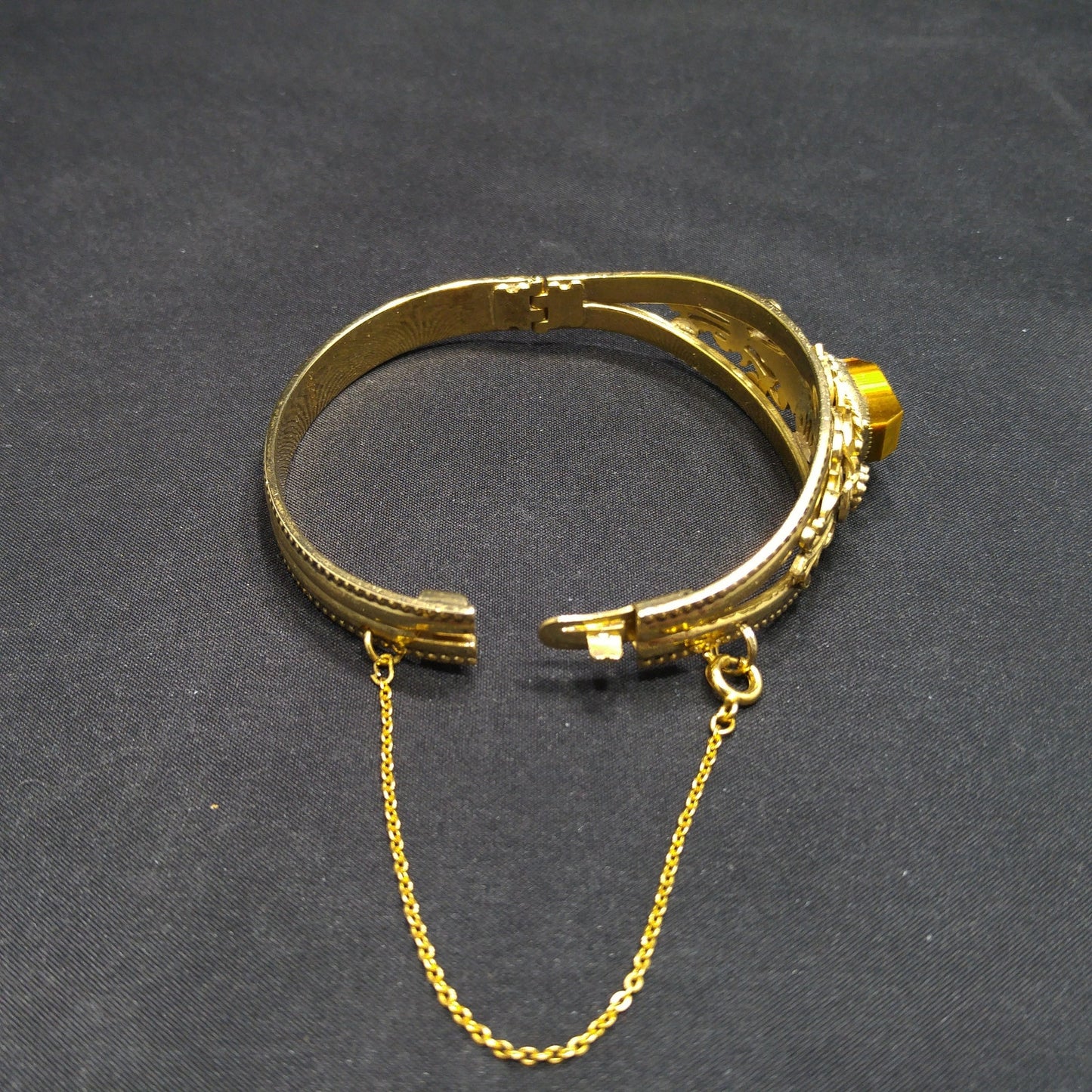 Gemstone Filigree Hinged Bracelet, Safety Chain, 1940s Vintage Jewelry
