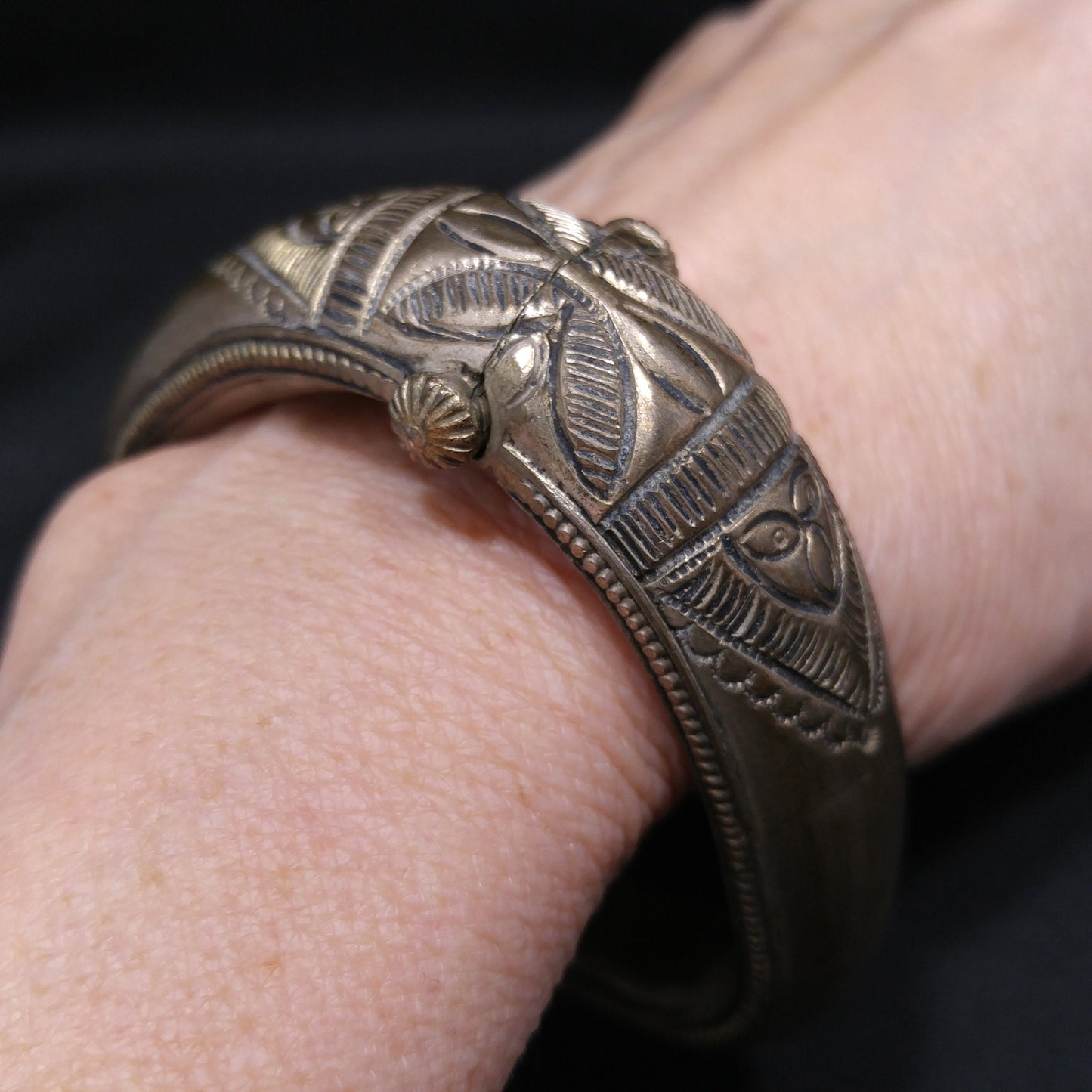 Tribal Embossed Hinged Bracelet, Plunger or Pin Clasp, Gold Wash, 1940s Vintage Jewelry