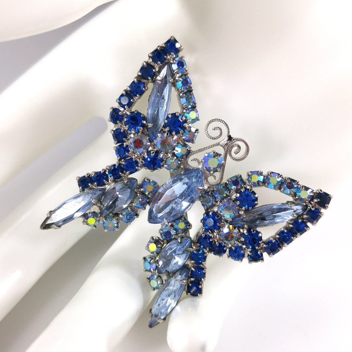 Blue Butterfly Brooch, Aurora Borealis, Rhodium Plated, 1960s Vintage Jewelry