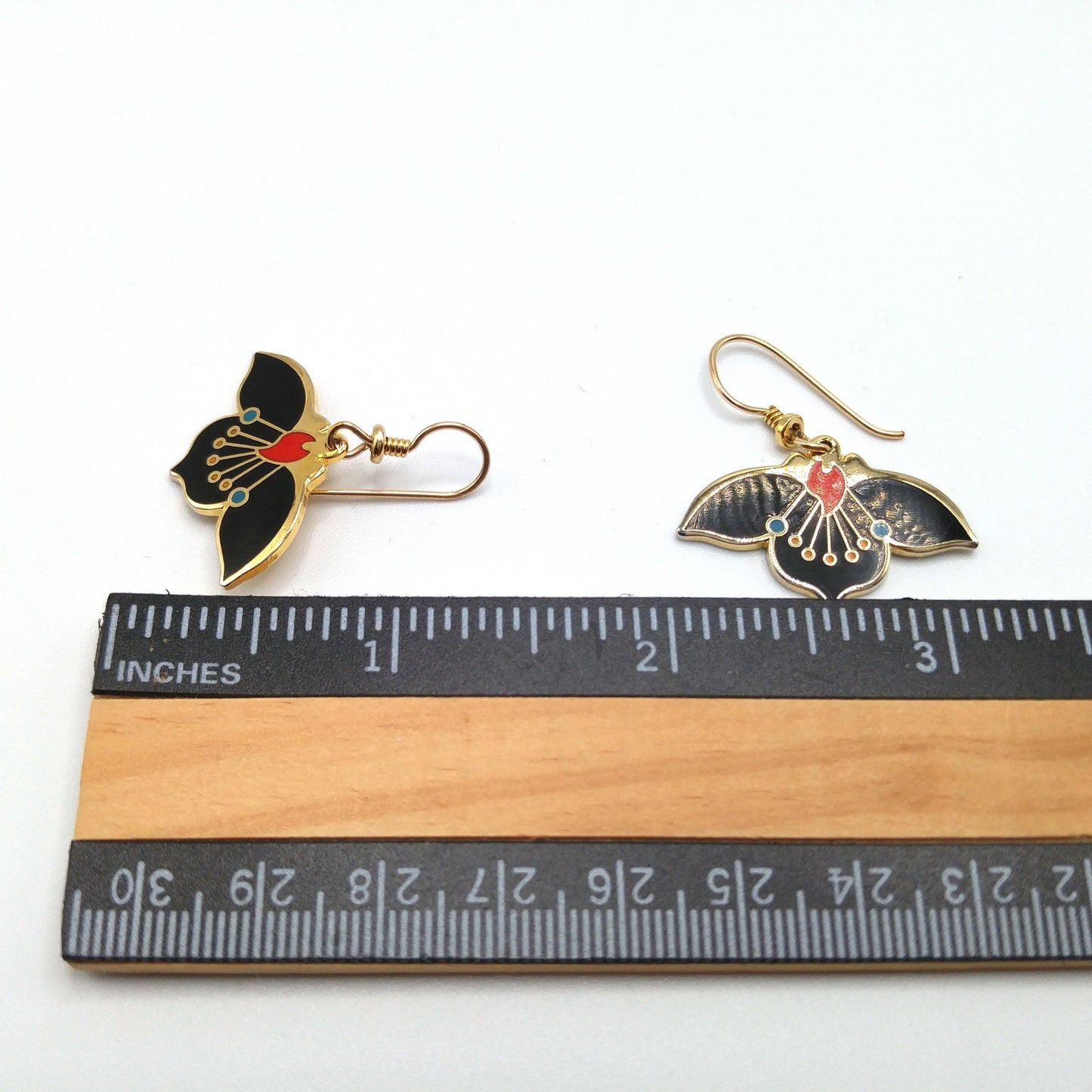 Vintage Laurel Burch "Desert Flower" Earrings, Black Red Enamel, Gold Plated, 1980s
