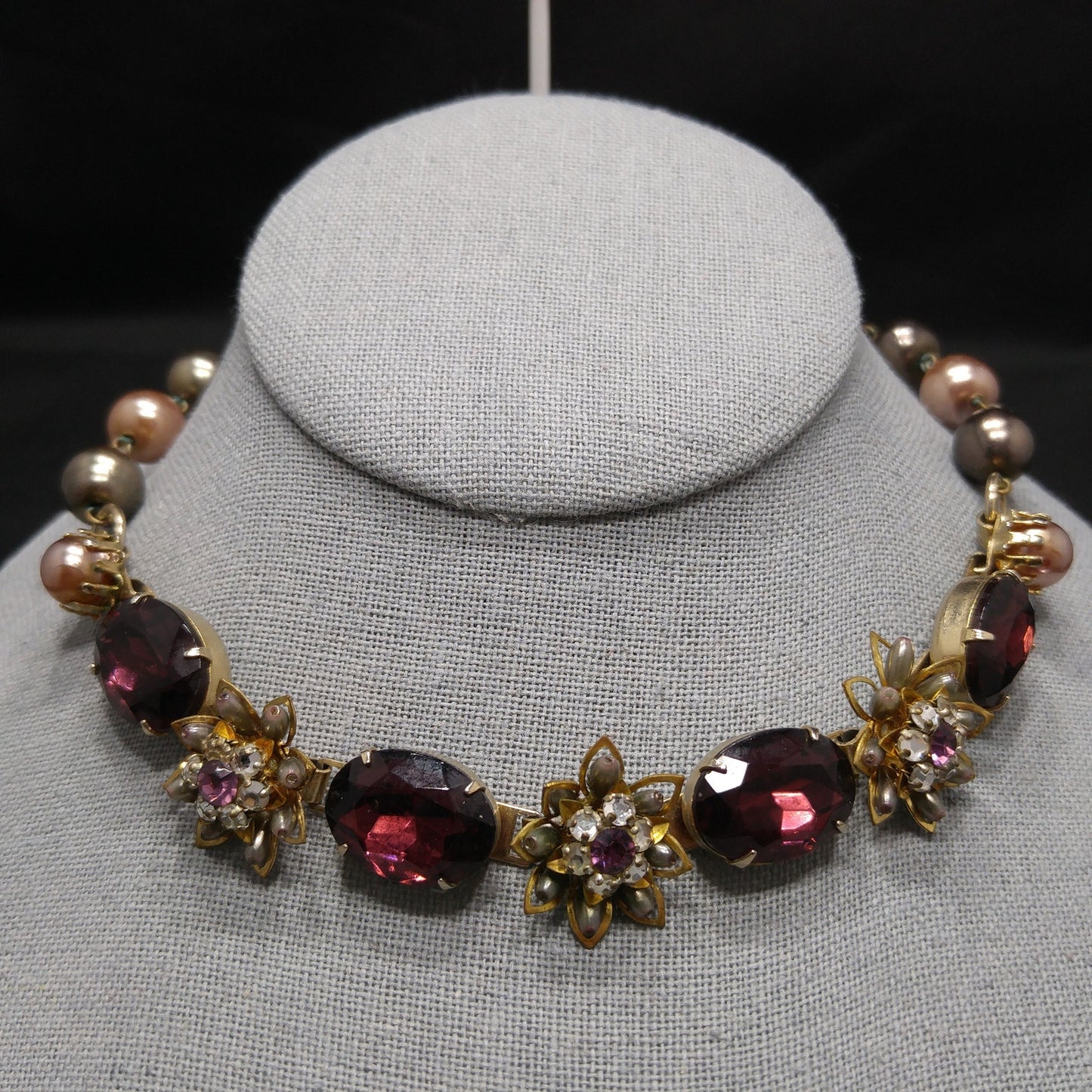 Purple Rhinestone Floral Necklace Earrings, Faux Pearls, 1950s Vintage Jewelry