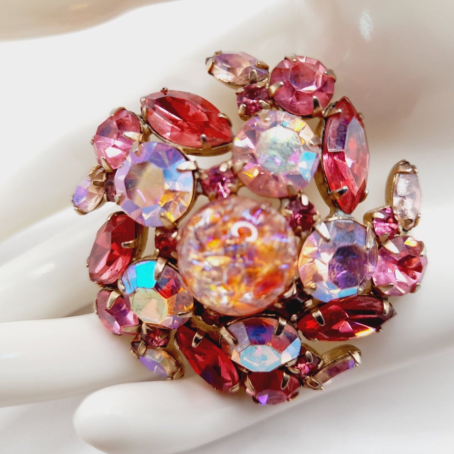 Vintage Pink Rhinestone Brooch, Dragon’s Breath Glass, Gold Tone, 1950s