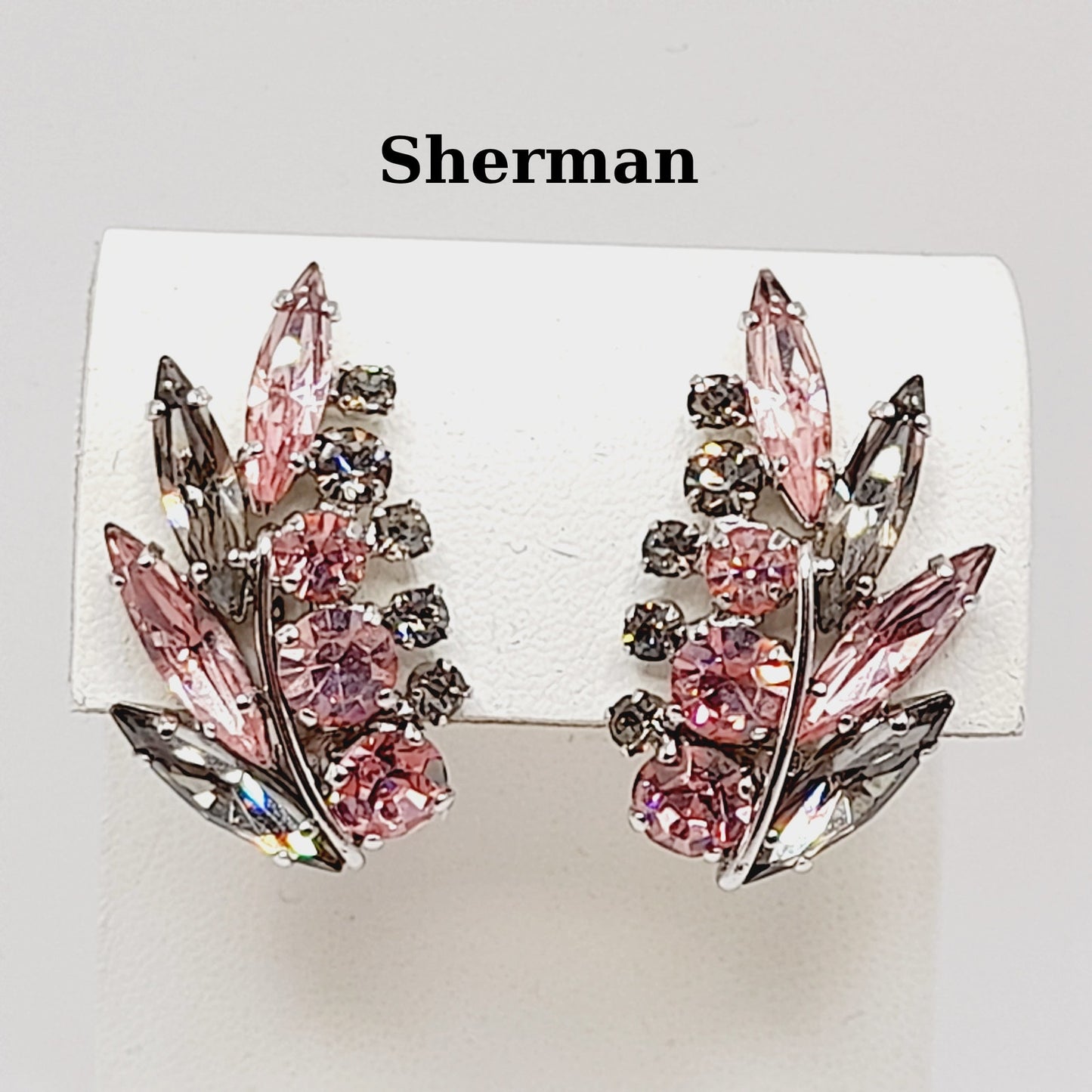 Vintage Sherman Pink Silver Floral Spray Rhodium Plated Clip Earrings