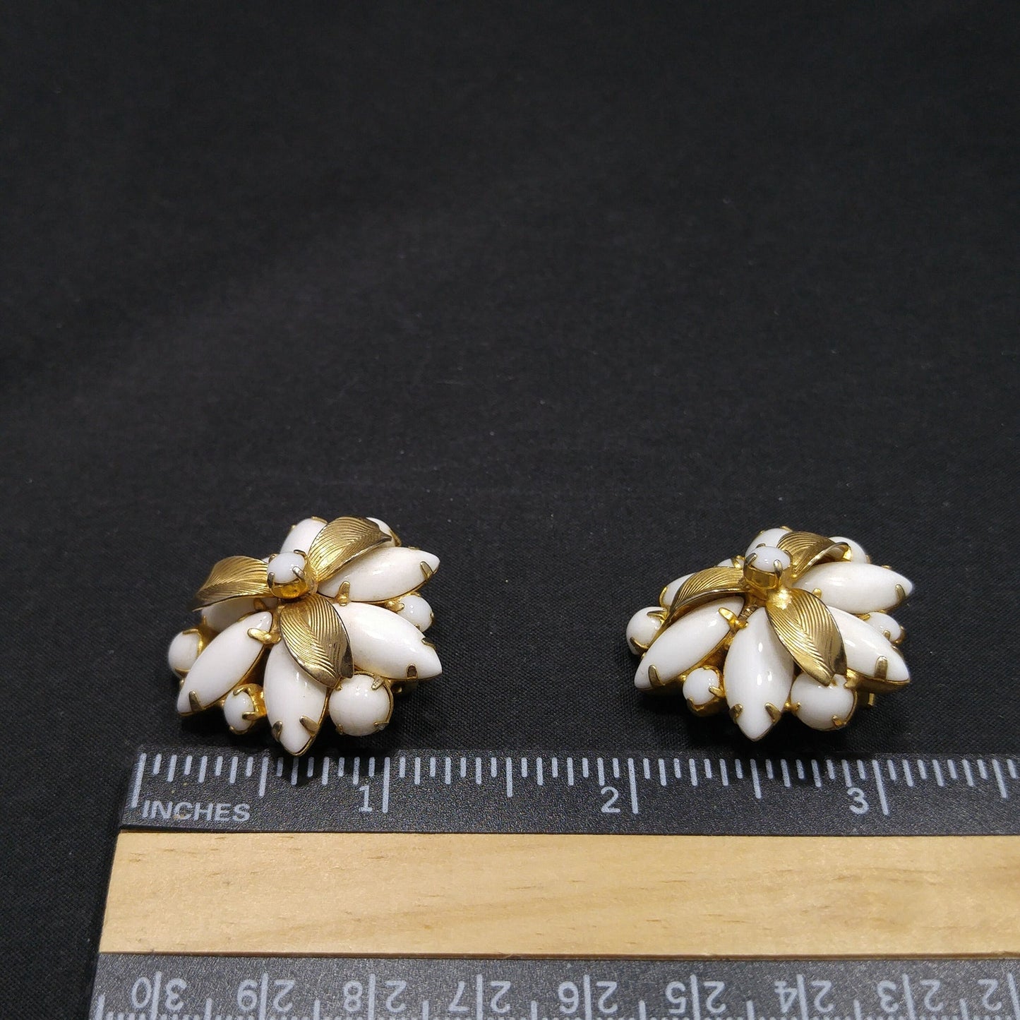 Weiss Milk Glass Gold Plated Flower Earrings, 1960s Designer Vintage Jewelry