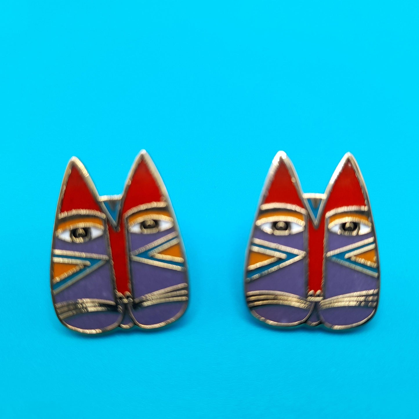 Laurel Burch "Gato" Cat Post Earrings, Enamel Cloisonne, Gold Plated, 1980s Vintage Jewelry