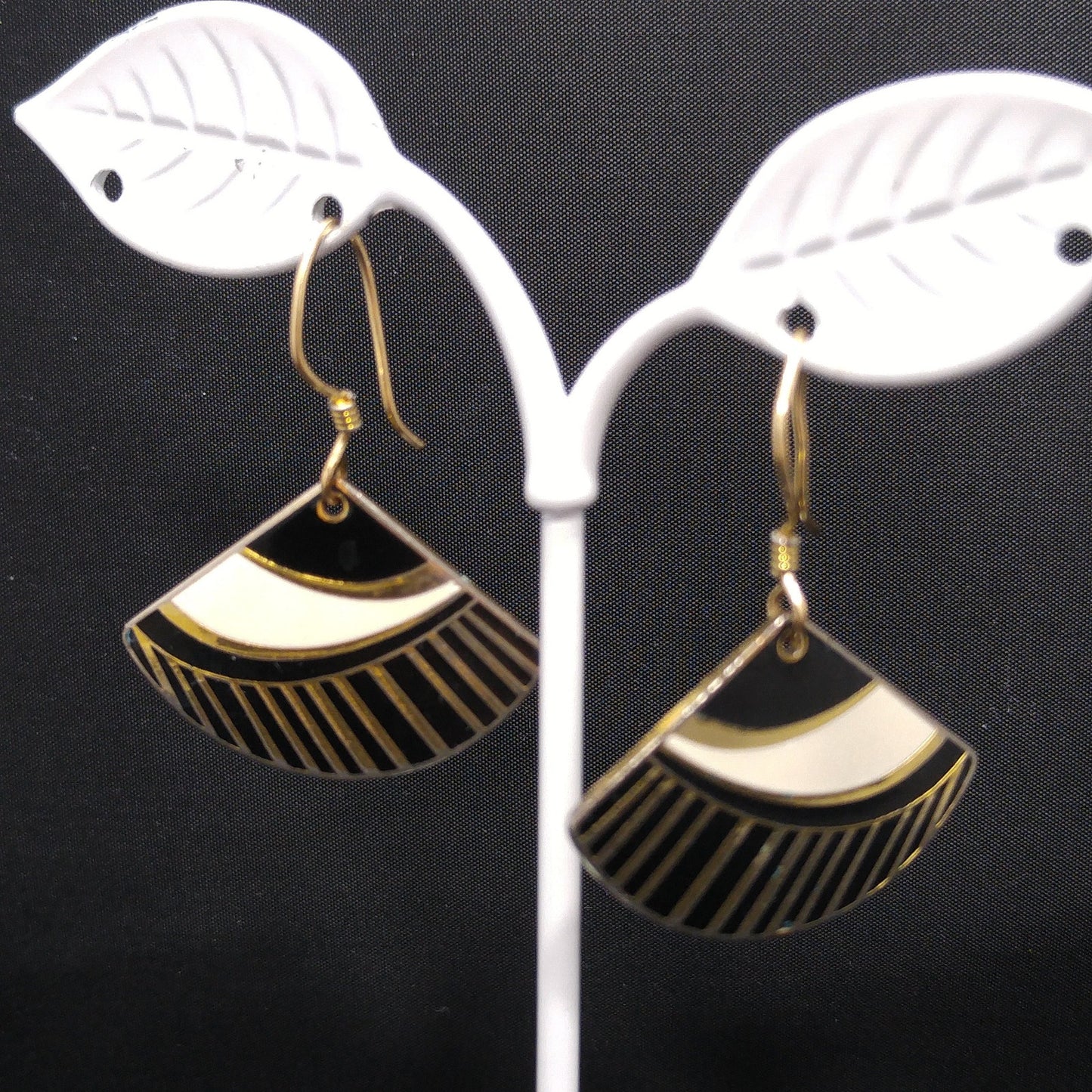 Vintage Laurel Burch Black White Gold Fan Drop Earrings, Gold Plated Enamel
