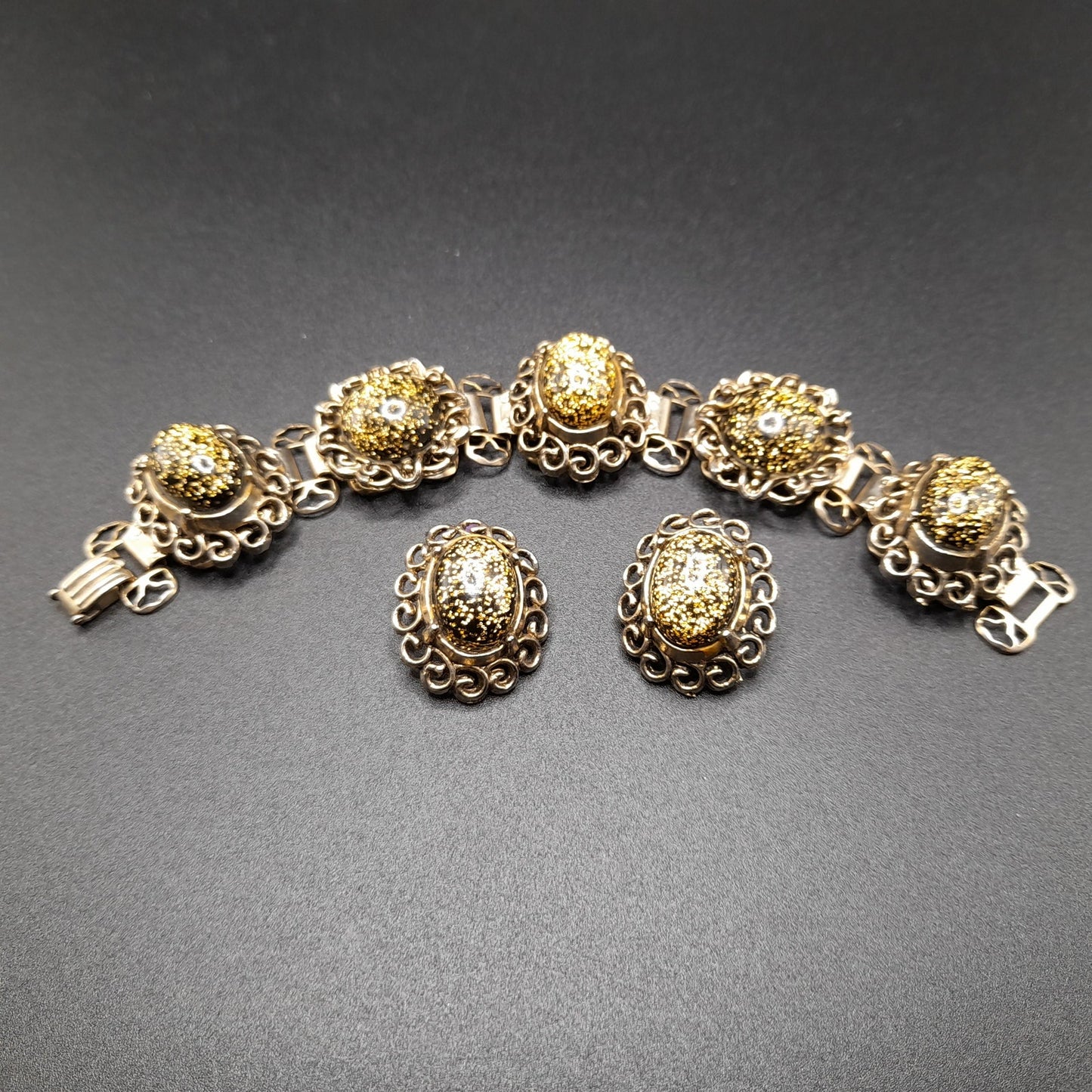 Vintage Glitter Lucite Bracelet Earrings Set, Book Chain, 1950s Vintage Jewelry