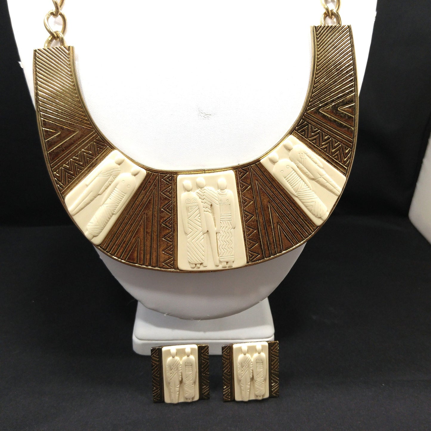 Laurel Burch Tribal Necklace & Clip Earrings, Lucite Gold Plate, 1980s Vintage Jewelry