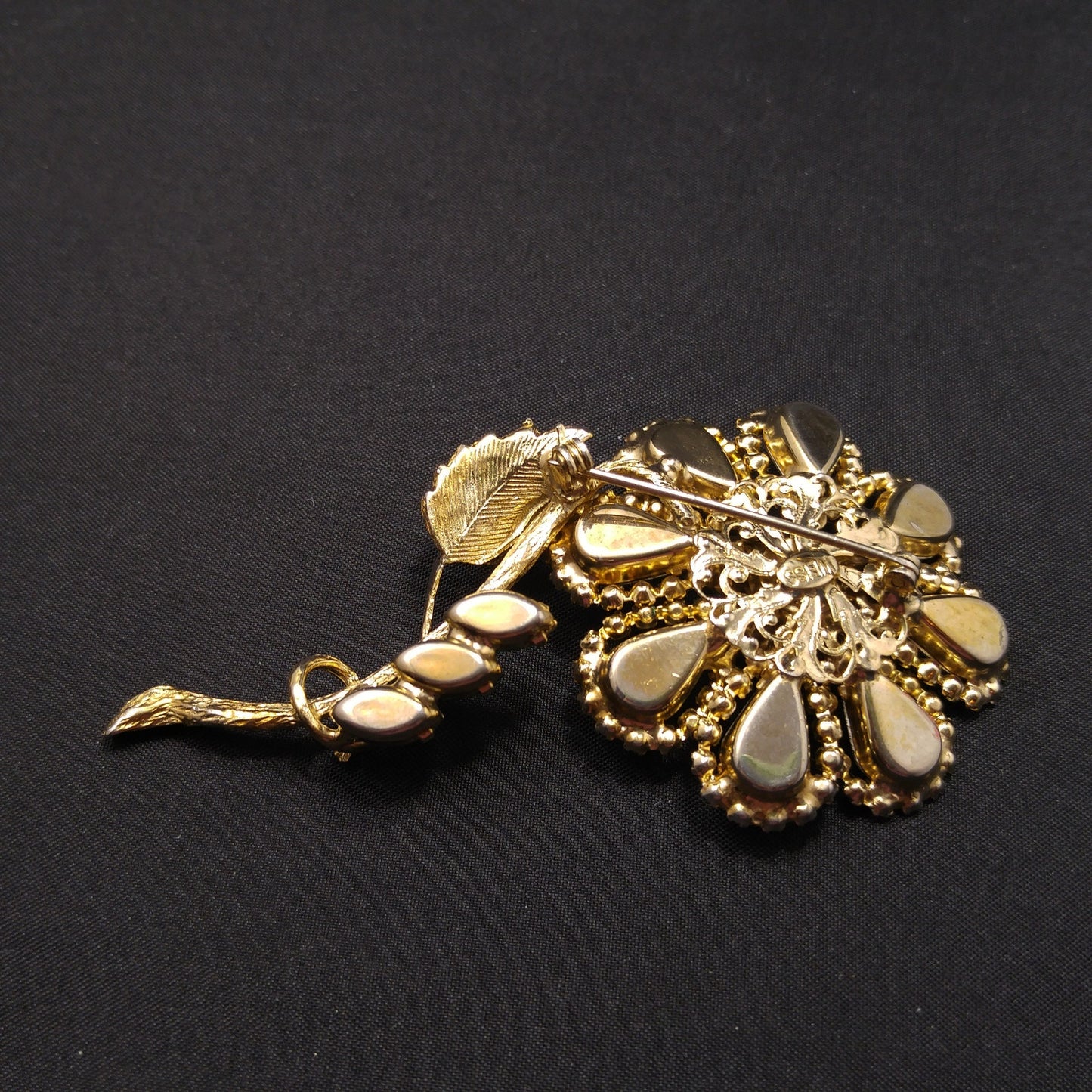 Vintage Weiss Rhinestone Flower Brooch, Gold Plated, Aurora Borealis Topaz Green Crystal