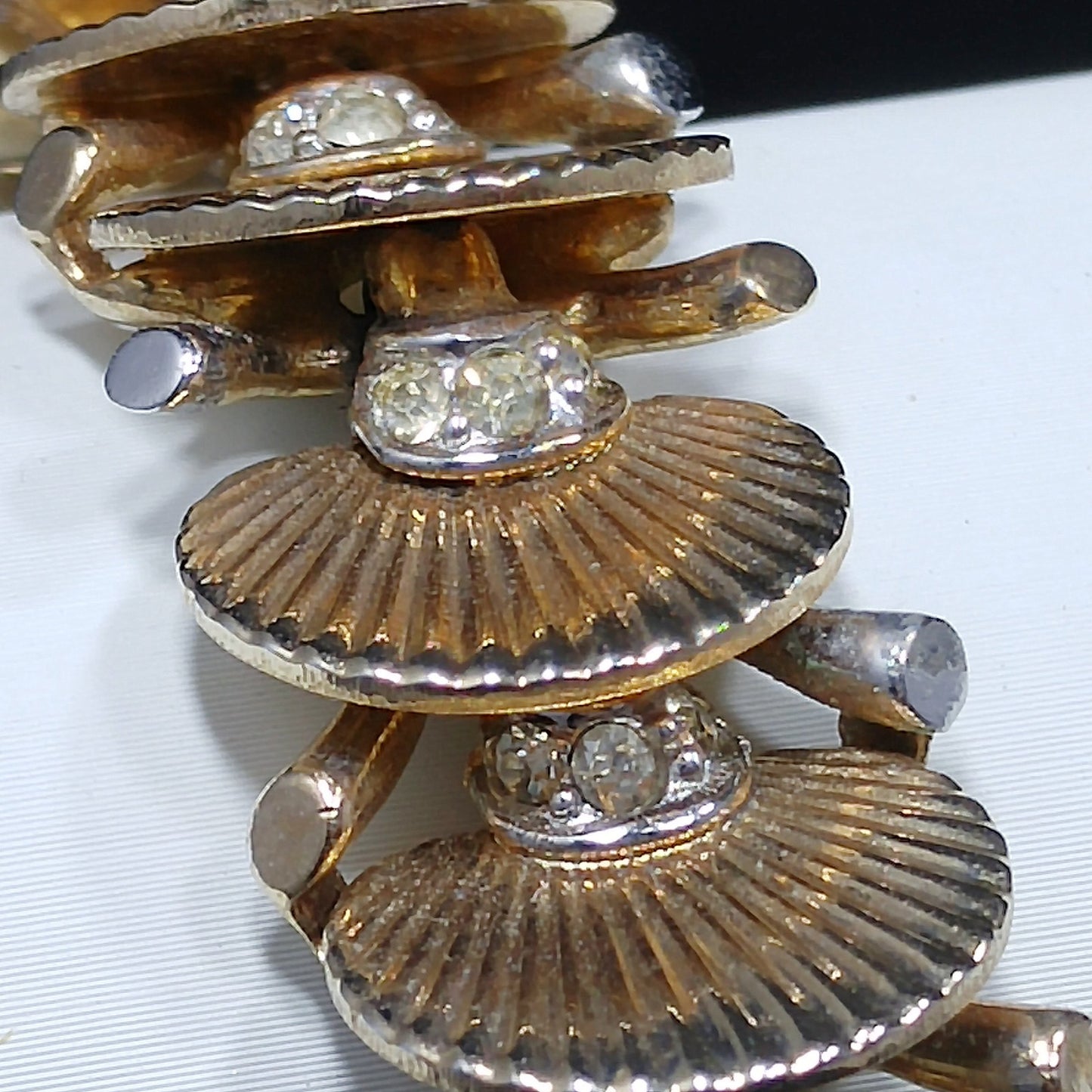 Boucher Deco Fan Bracelet, Clear Rhinestones, Overlapping Links, 1960s Vintage Jewelry