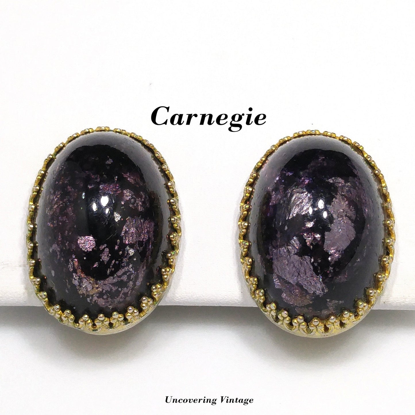 Vintage Carnegie Purple Silver Foil Glass Clip Earrings, Domed Glass, 1950s