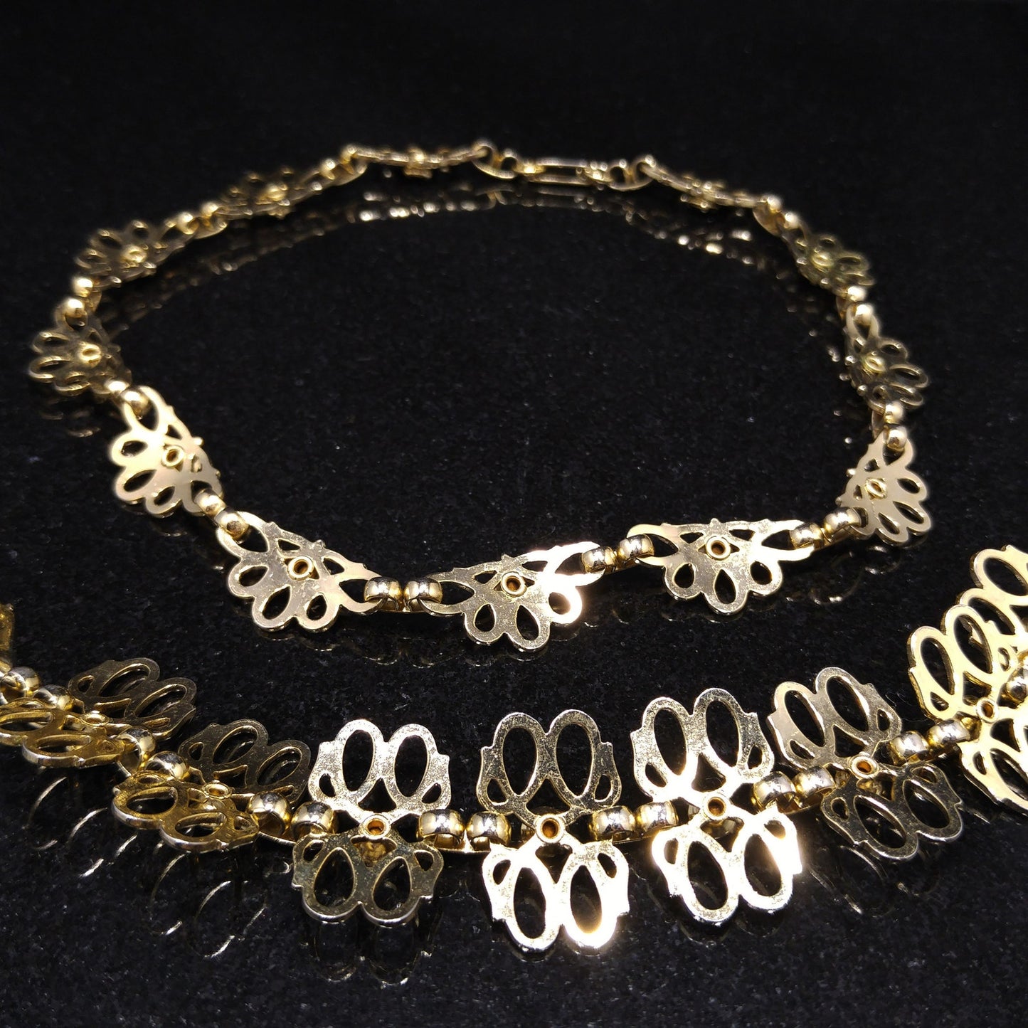 Green Rhinestone Necklace & Bracelet Set, Gold Tone, 1950s Vintage Jewelry