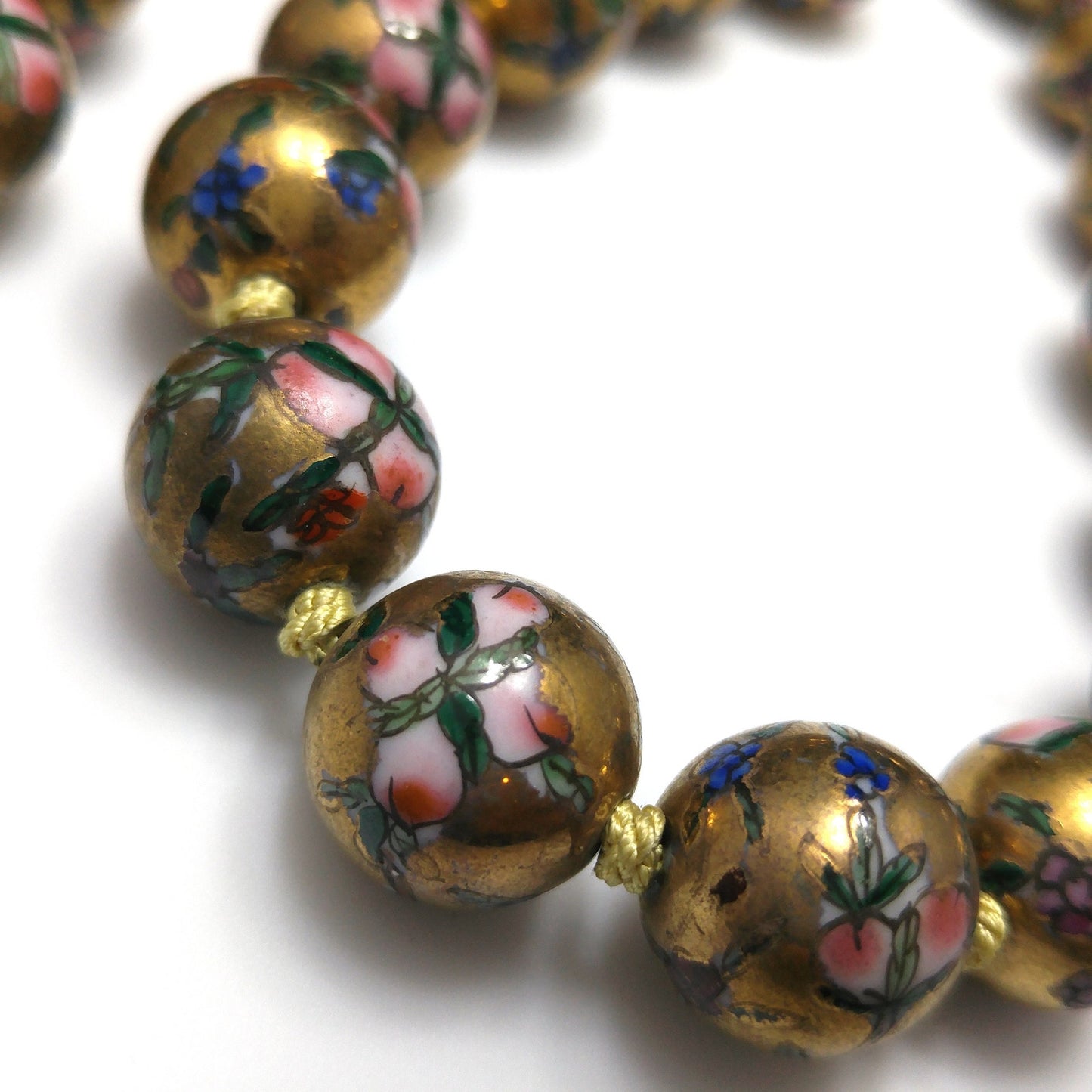 Vintage Chinese Beaded Necklace, Hand Painted & Knotted Floral Beads, 1940s Vintage Jewelry