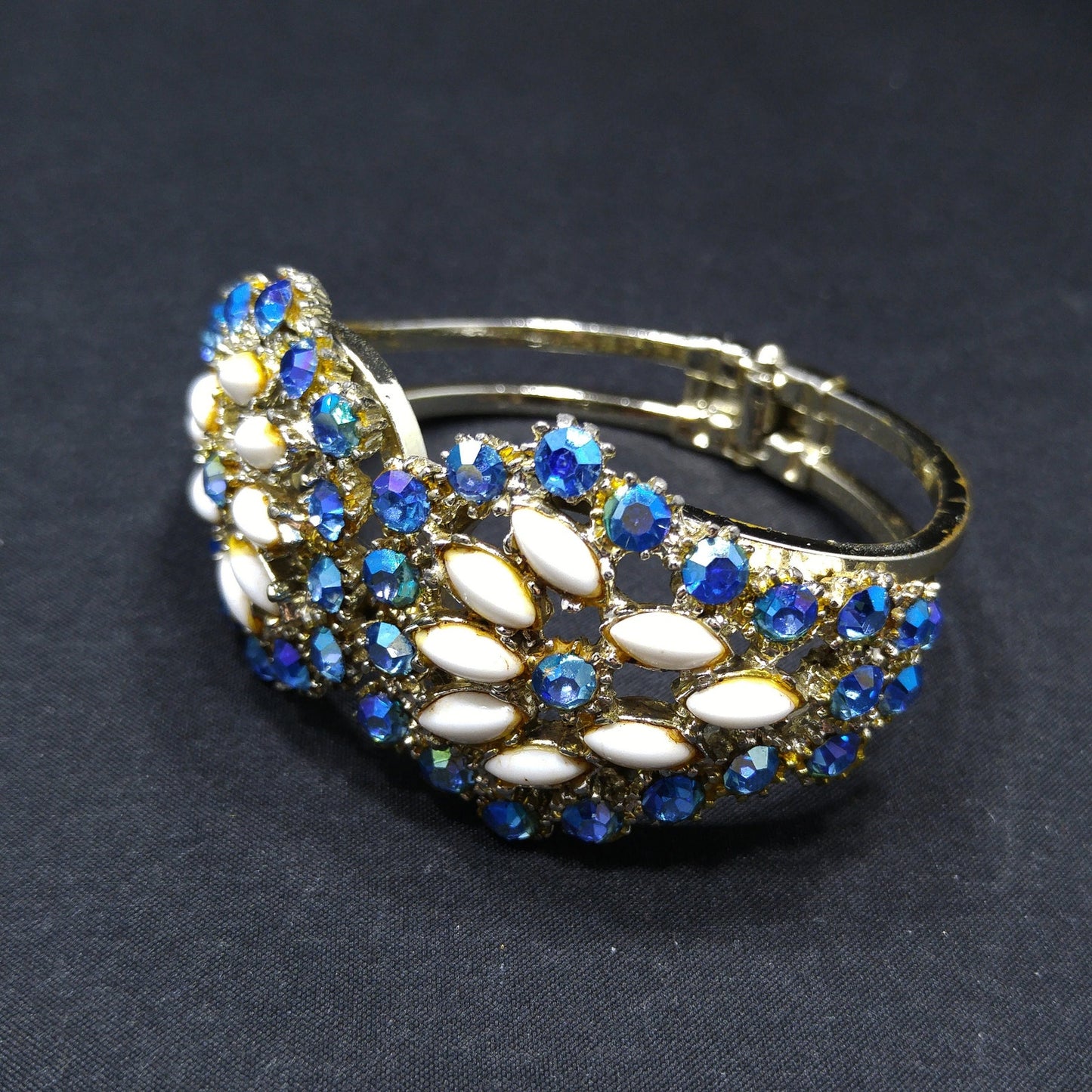 Vintage Blue Aurora Borealis Rhinestone Milk Glass Clamper Bracelet 1960s
