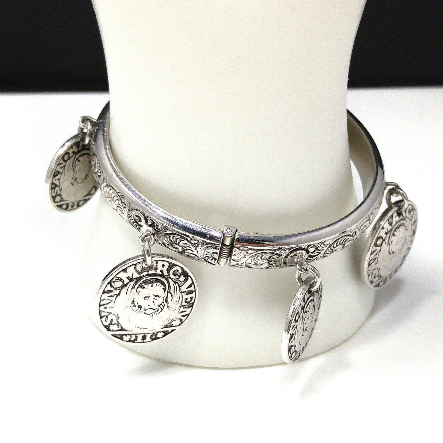 Whiting & Davis Hinged Bracelet, Six Faux Coins, Book Piece, 1980s Vintage Jewelry