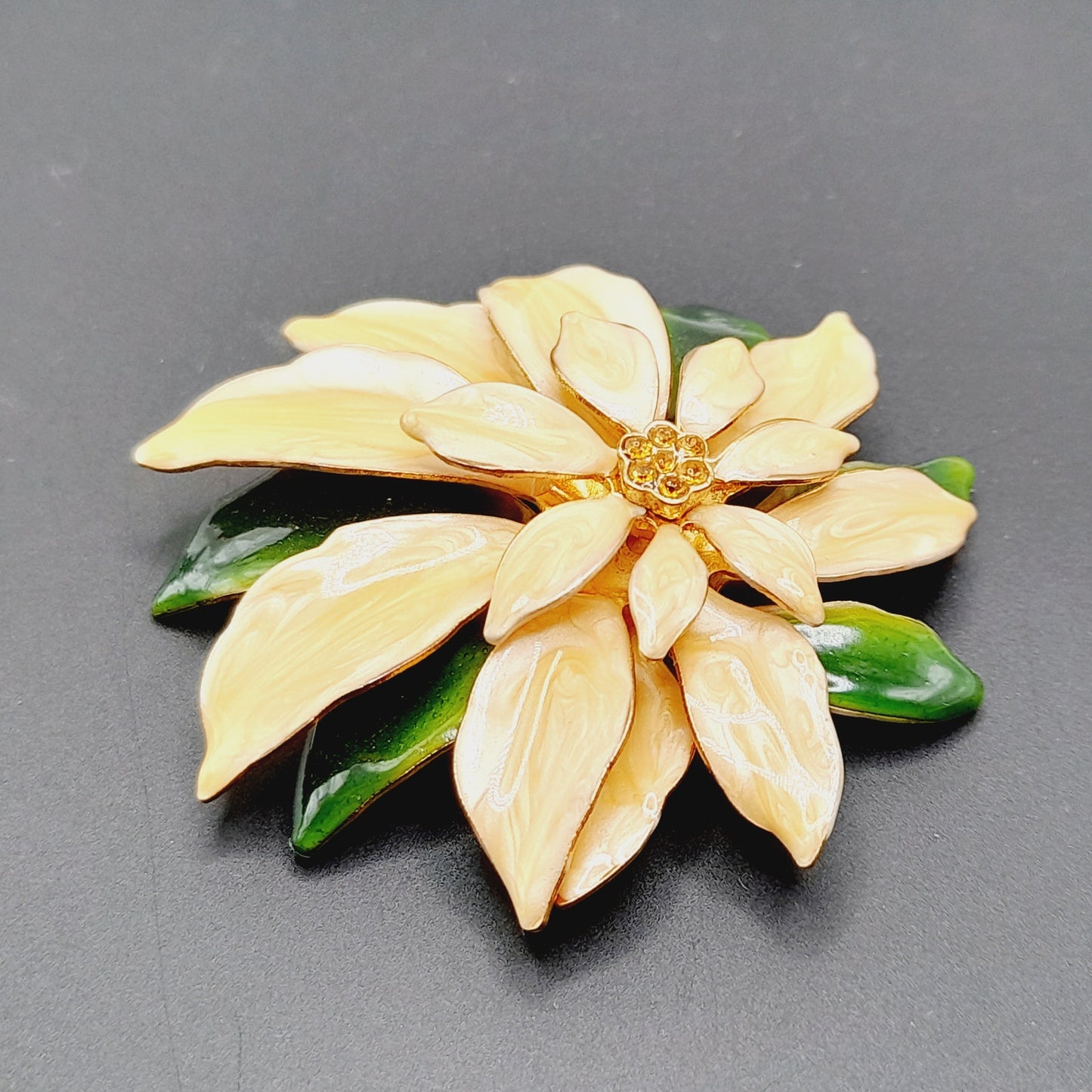 Vintage 1960s Peachy White Green Enamel Poinsettia Brooch