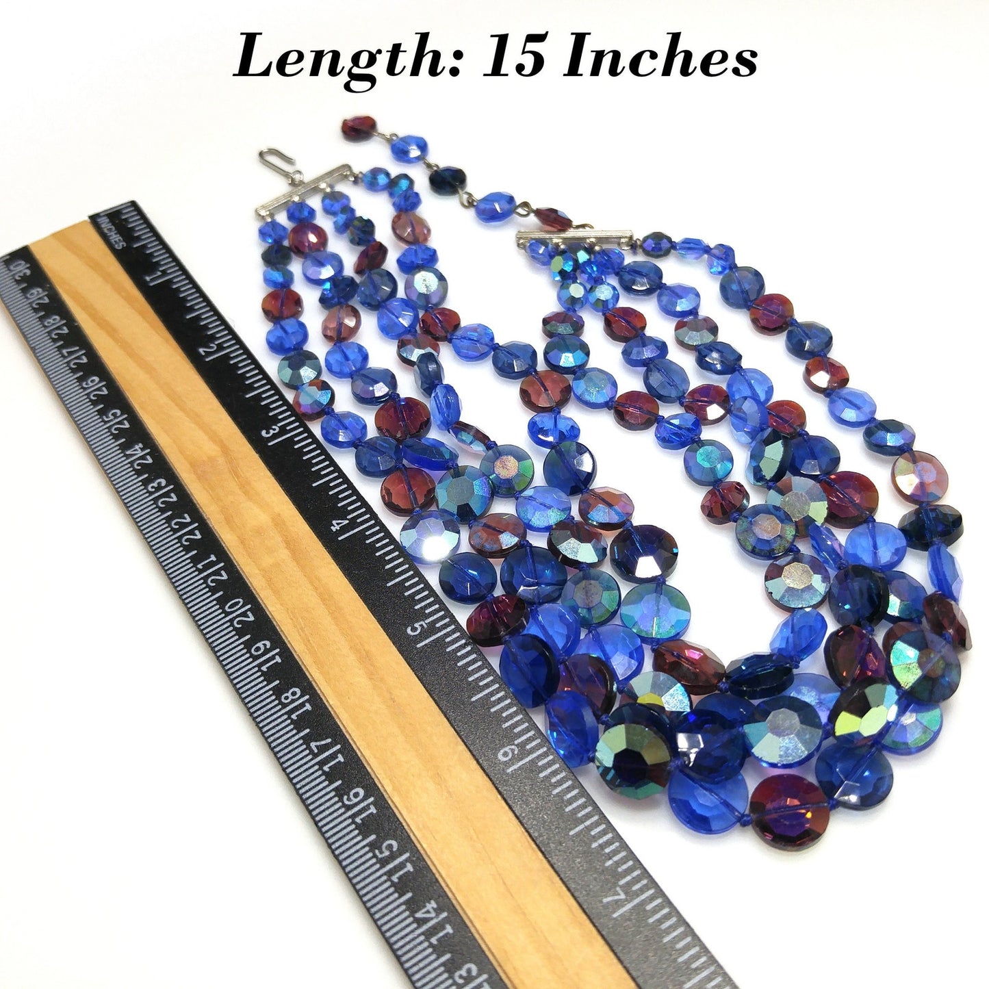 Blue Purple Aurora Borealis Necklace, Hand Knotted Four Strands, 1950s Vintage Jewelry
