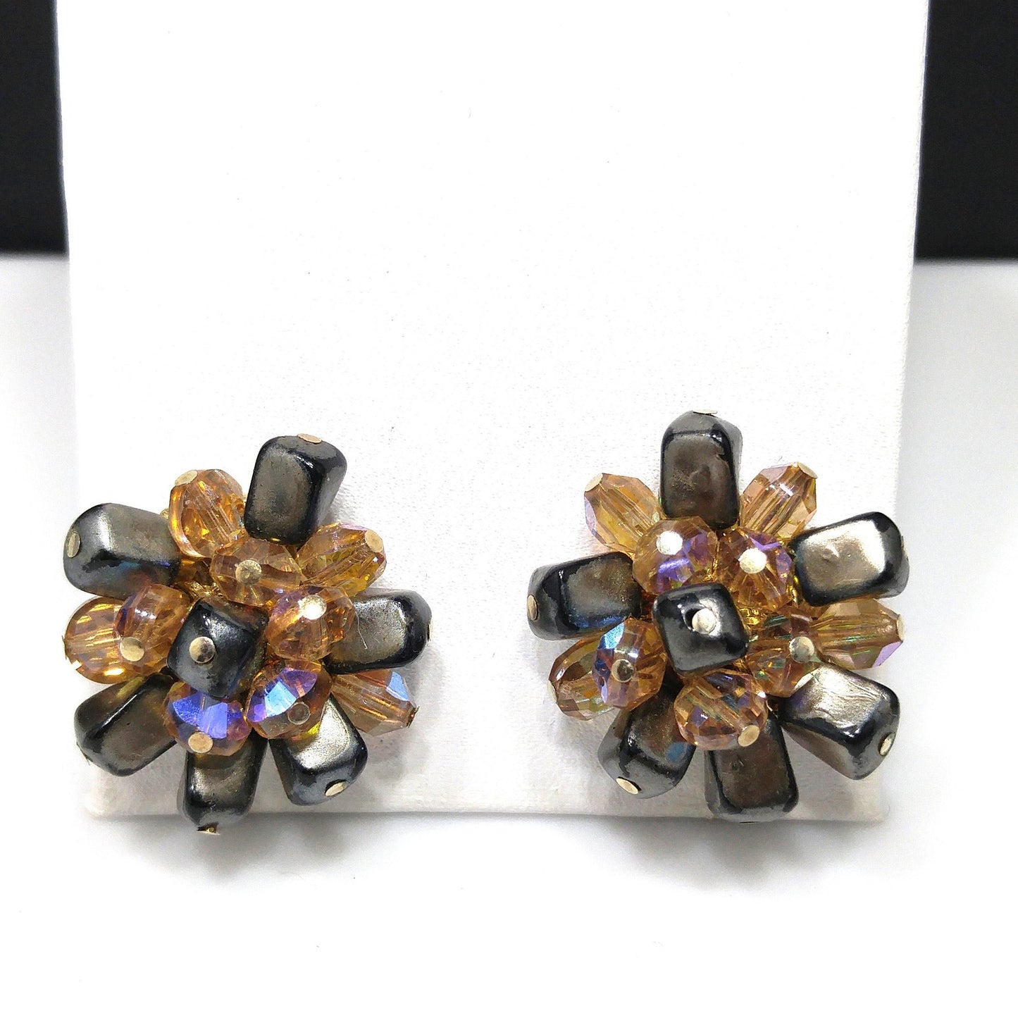 Vendome Beaded Clip Earrings, Brown Iridescent AB Topaz Beads, 1960s Vintage Jewelry