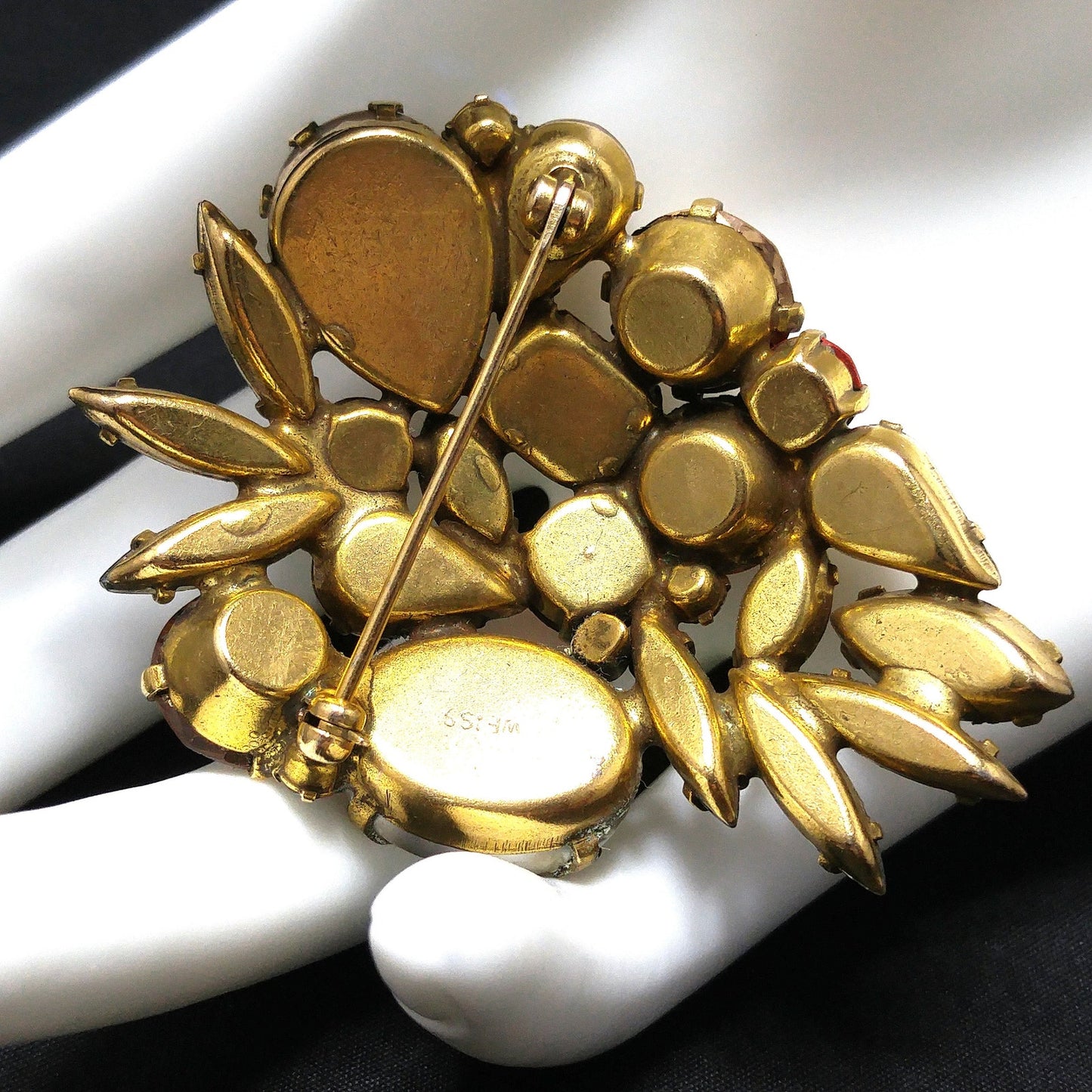 Weiss Faux Baroque Pearl Brooch, Orange Topaz Rhinestones Antique Gold, 1950s Vintage Jewelry