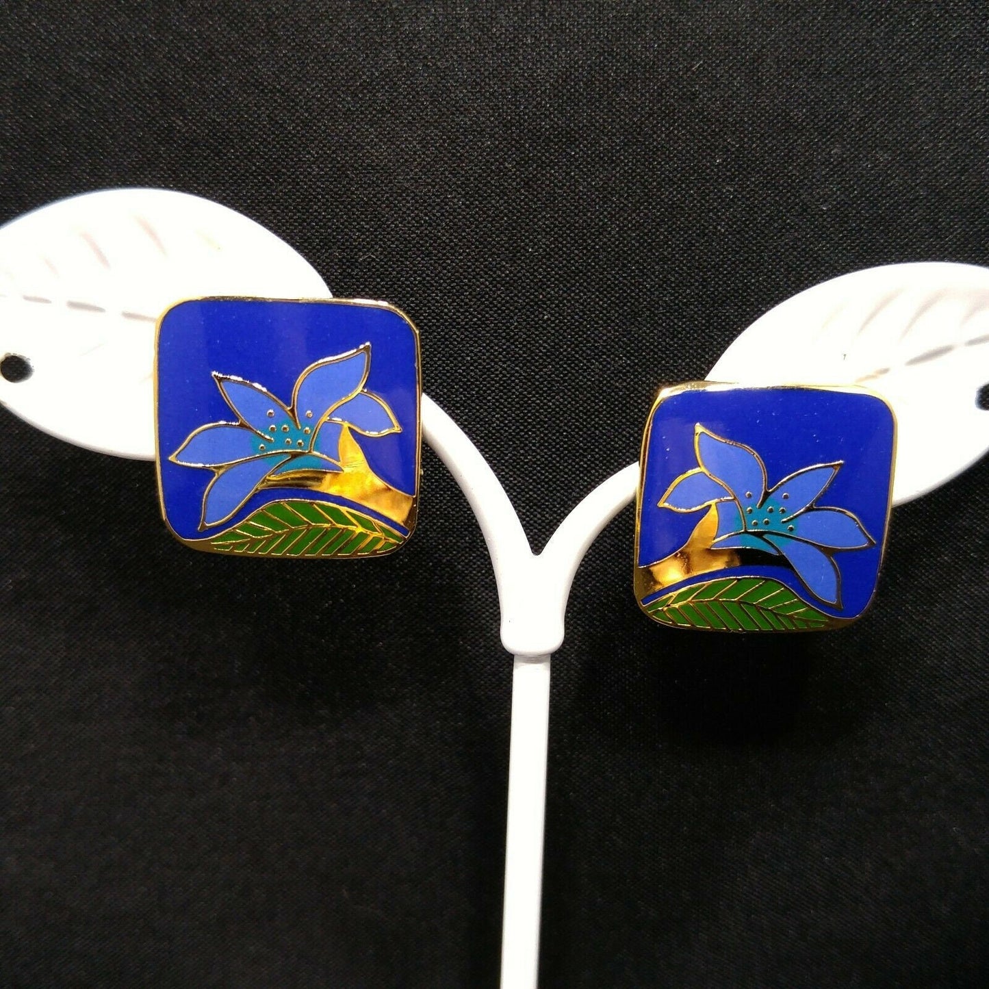 Laurel Burch "Wild Lily" Blue Post Earrings, Cloisonne Gold Plated, 1980s