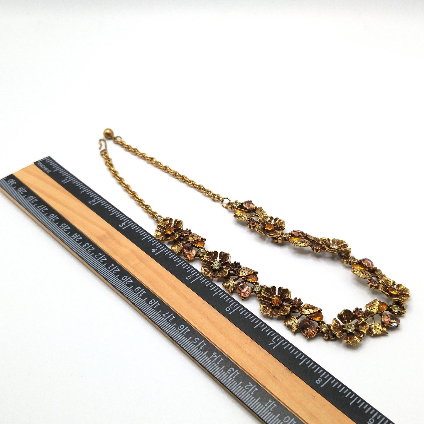 Topaz Rhinestone Floral Choker Necklace, Flower Links, 1960s Vintage Jewelry