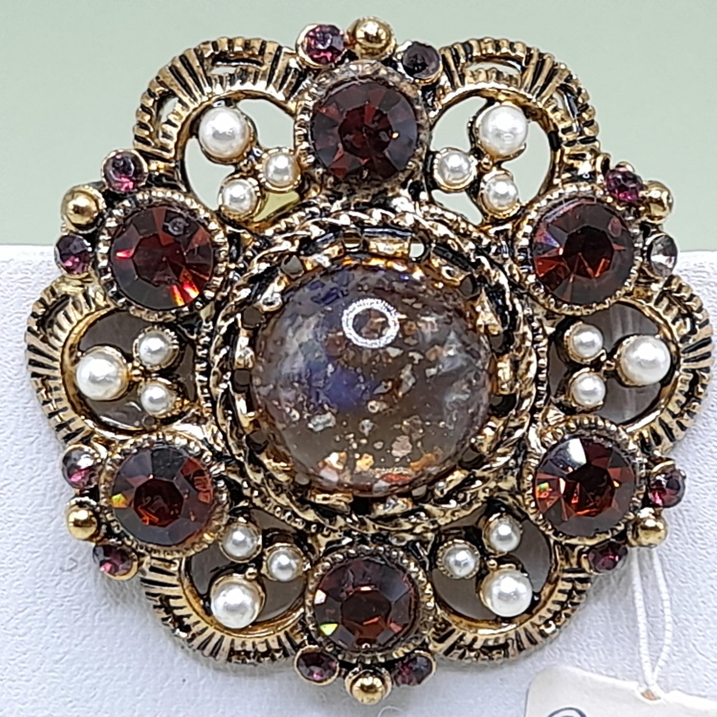 Vintage Weiss Fire Opal Dragons Breath Topaz Brooch Pendant, Faux Pearls, 1960s