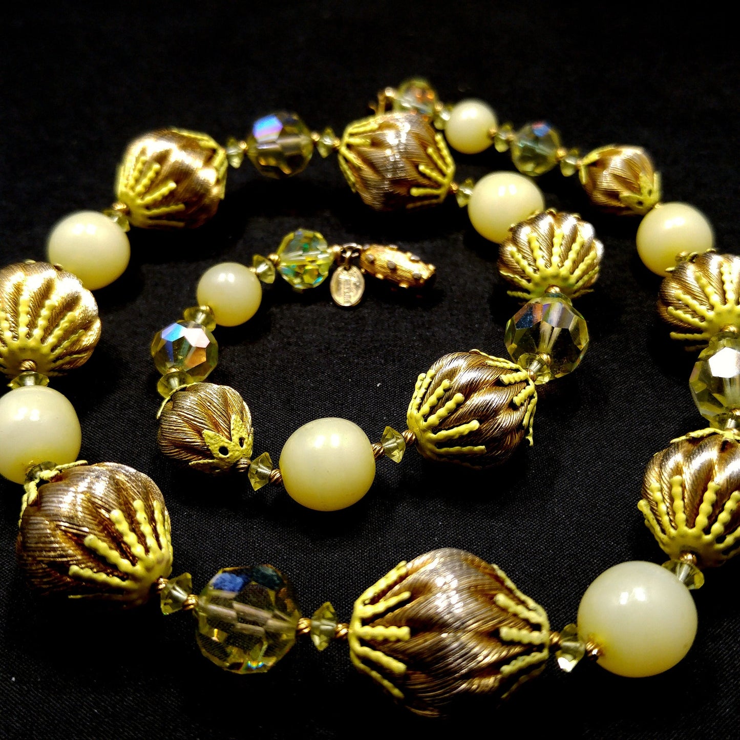 Vendome Gold Twist & AB Crystal Bead Necklace, Yellow Bead Caps, Gold Plated, 1960s Vintage Jewelry