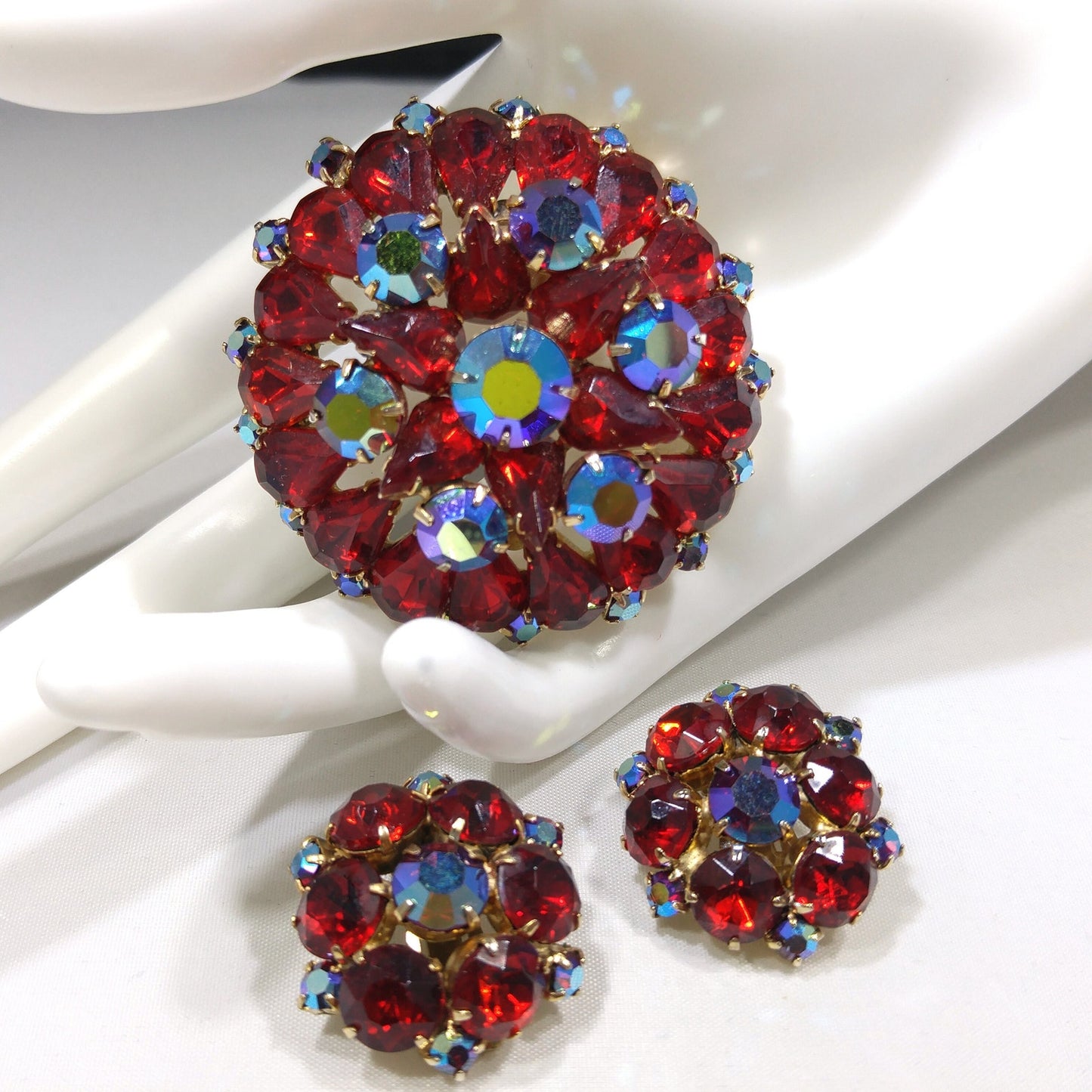 Red Rhinestone Aurora Borealis Brooch Earrings Set, Gold Plated, 1960s Vintage Jewelry