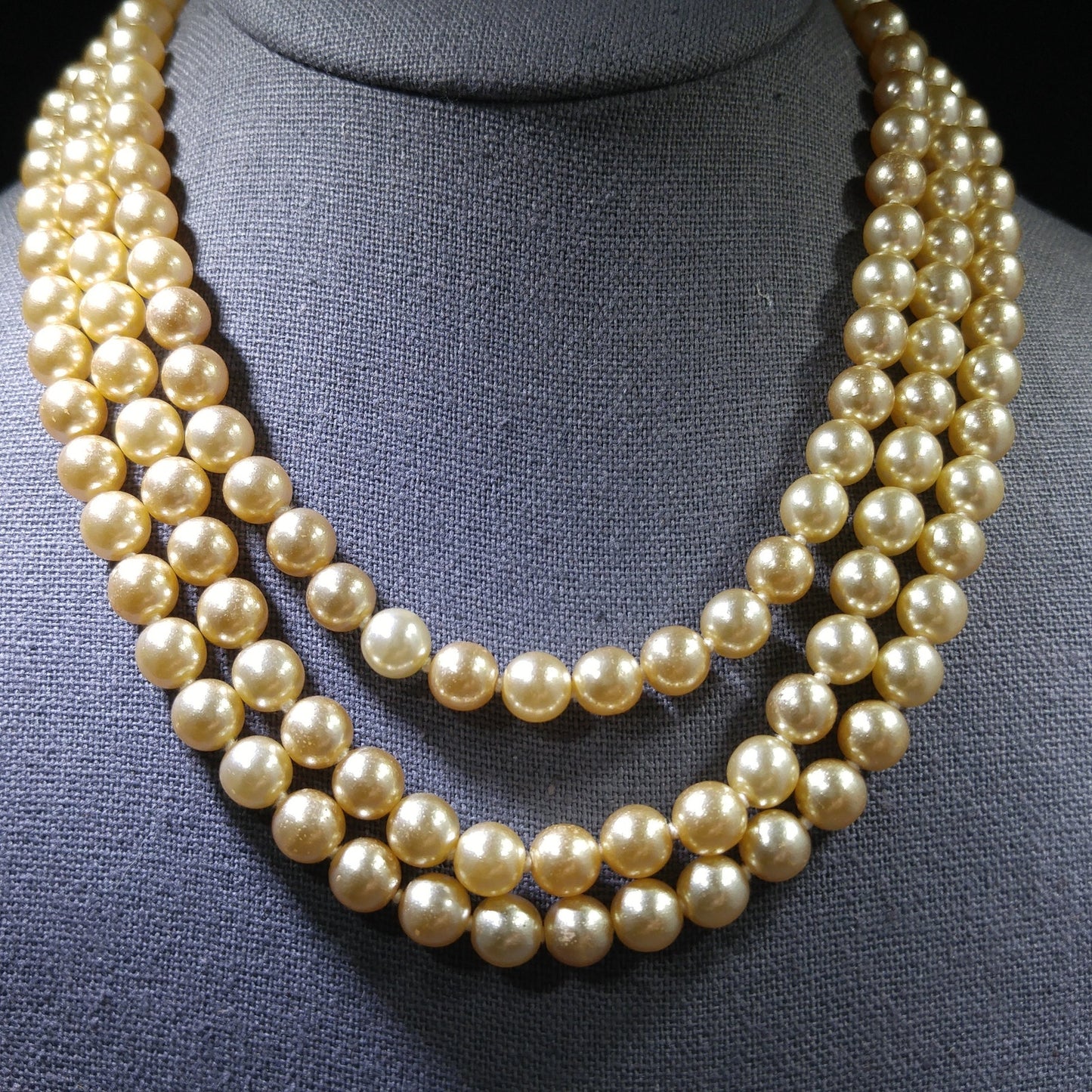 Faux Pearl Champagne Necklace, Three Strands, Glass Pearls, 1960s Vintage Jewelry