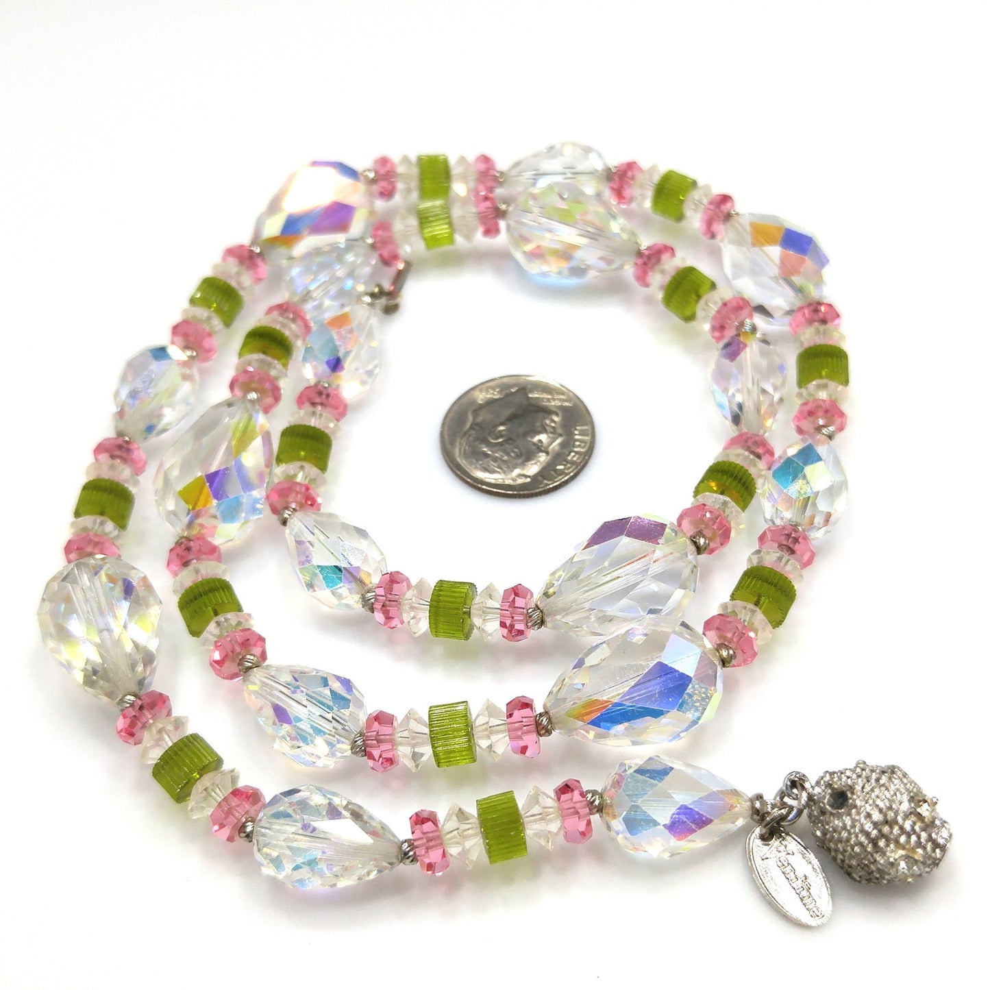 Vendome Crystal Necklace – 1960s Vintage Jewelry with Pear Shaped Swarovski Beads, Pink & Green Accents, 22 Inch Strand