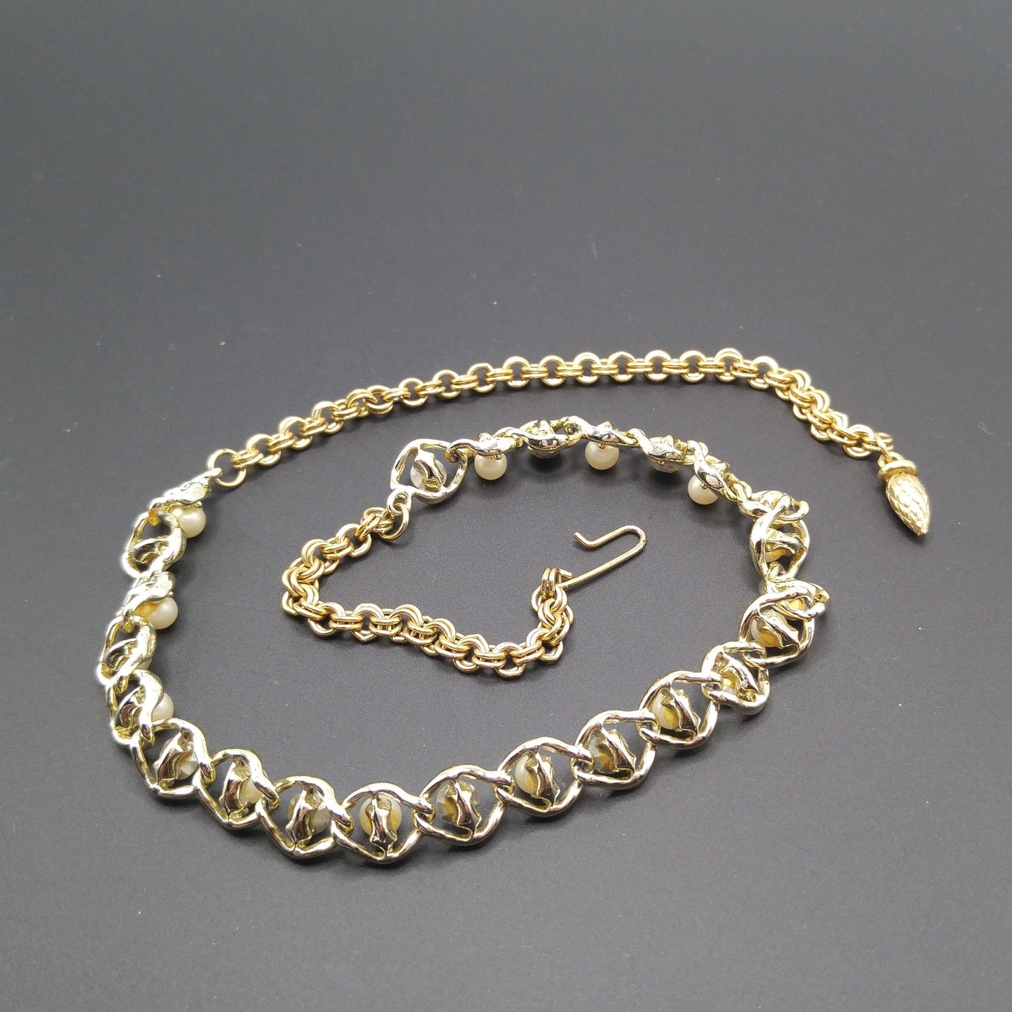 Mid-Century Faux Pearl AB Rhinestone Necklace, Aurora Borealis, 1960s Vintage Jewelry