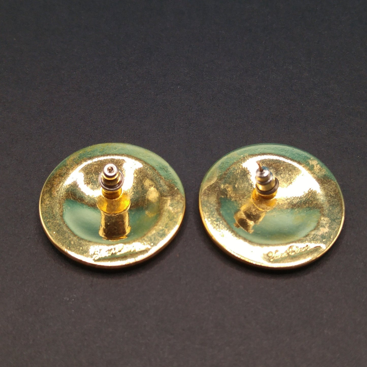 Laurel Burch Bamboo Large Post Earrings, Black Enamel, Gold Plated, 1980s Vintage Jewelry