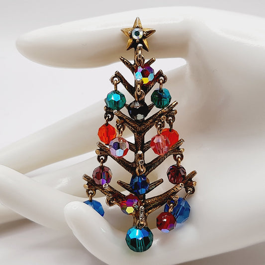 Hollycraft Vintage Christmas Tree Brooch, Multicolor Crystals, 1950s
