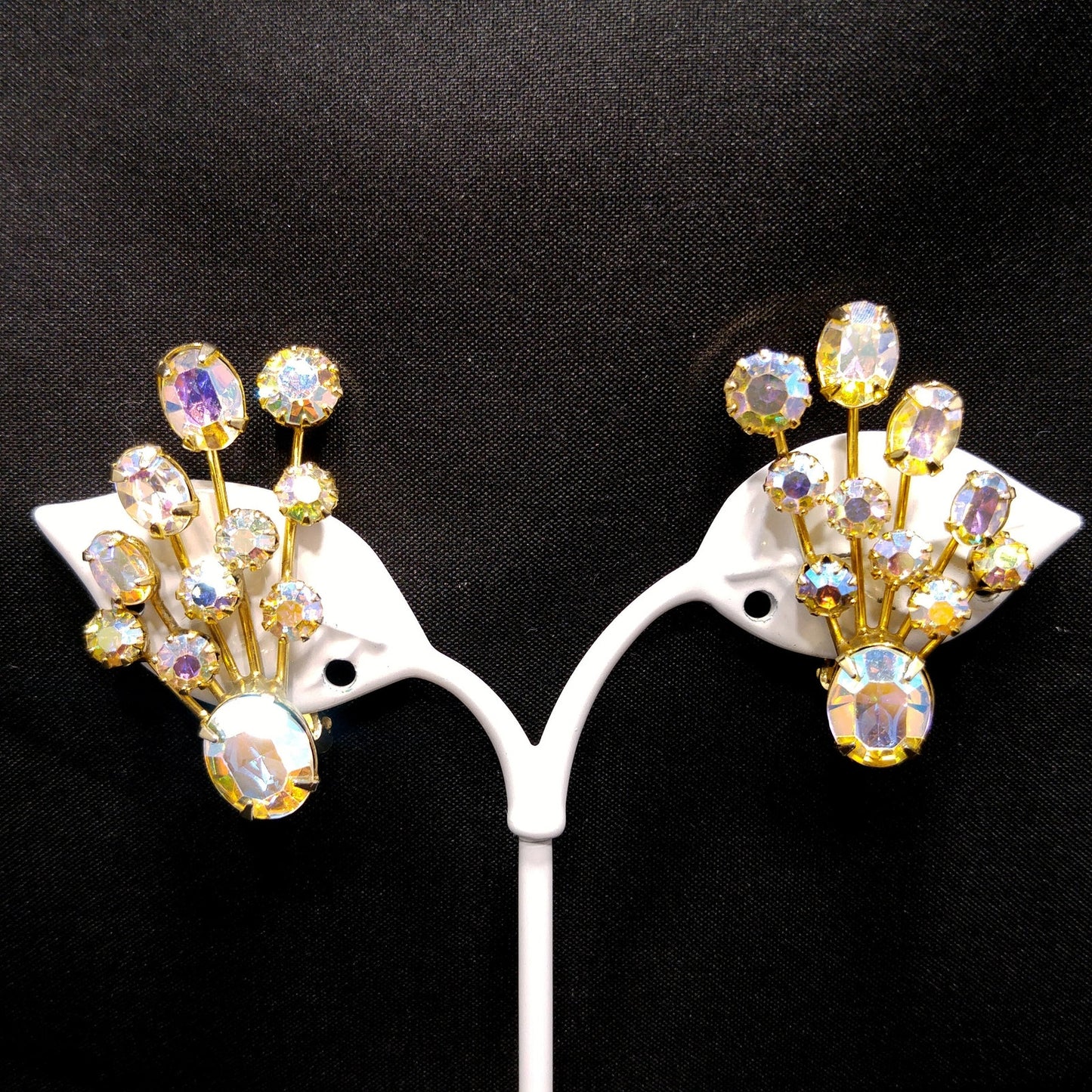 Weiss Aurora Borealis Ear Climber Earrings, Gold Plated, 1950s Vintage Jewelry