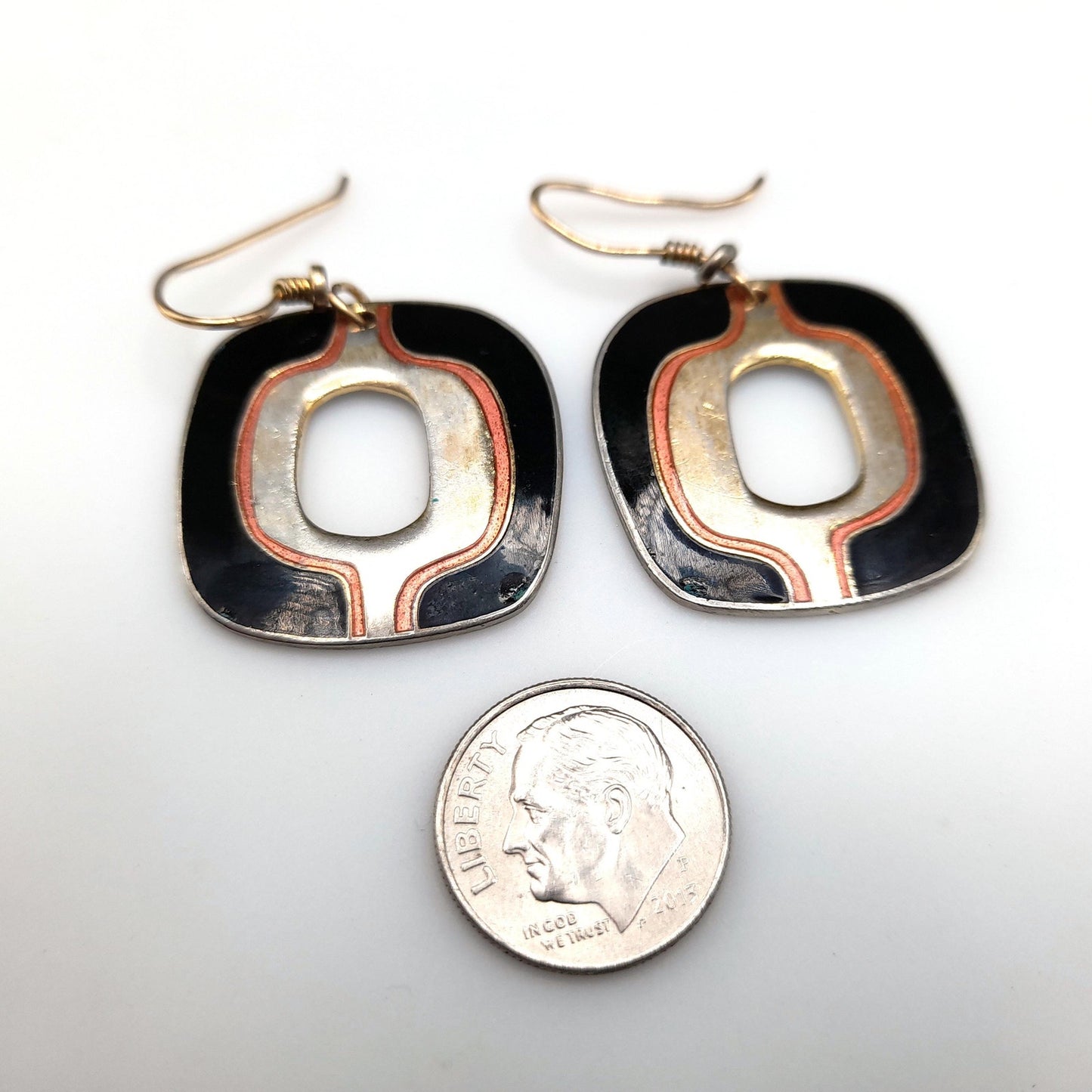 Vintage Laurel Burch Black Gold Drop Earrings, Open Center, Pink Metallic Ring