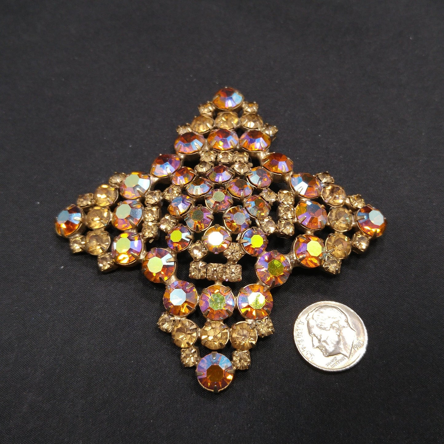 Topaz Glass Rhinestone Large Brooch, Aurora Borealis, 1960s Vintage Jewelry