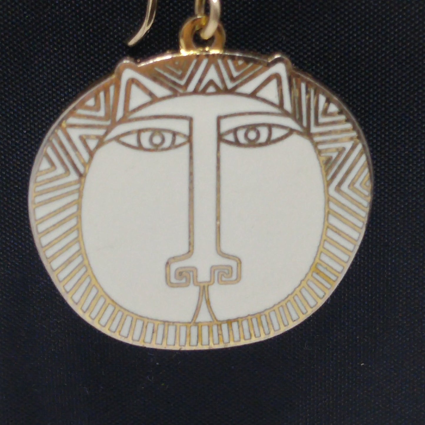 Laurel Burch "Moon Tiger" White Drop Earrings, Gold Plated Cloisonné, White Enamel, 1980s Vintage Jewelry