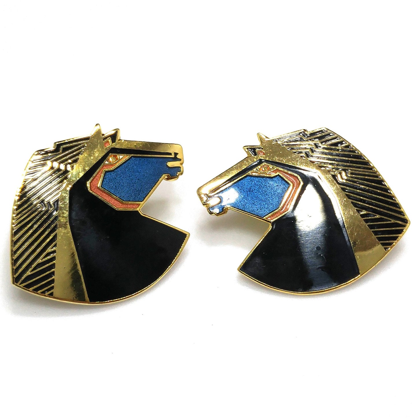 Laurel Burch "Wild Stallion" Post Earrings, Gold Plated Black Teal Enamel, 1980s Vintage Jewelry