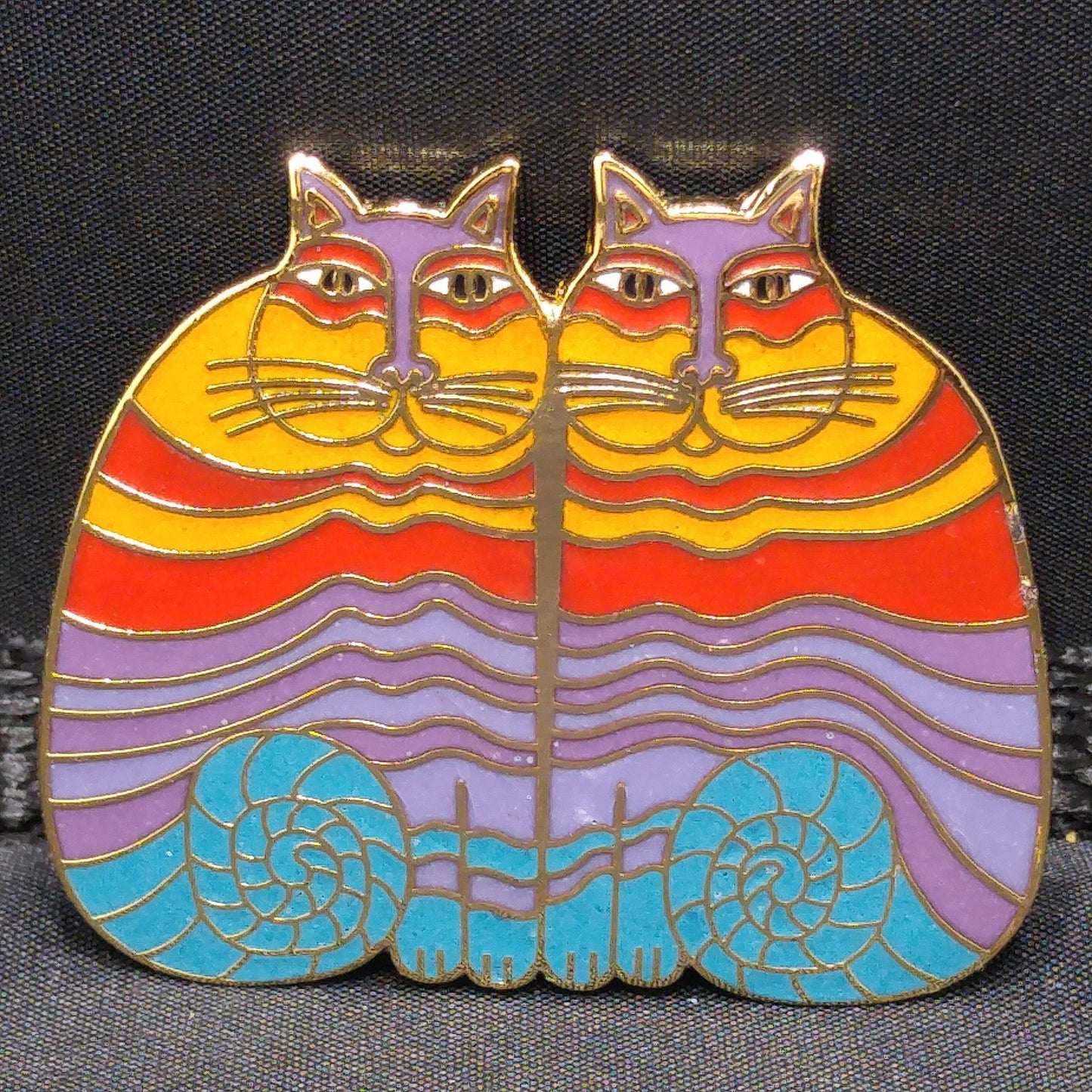Laurel Burch "Rainbow Cats" Two Cat Brooch, Gold Plated Cloisonne Enamel, 1980s Vintage Jewelry