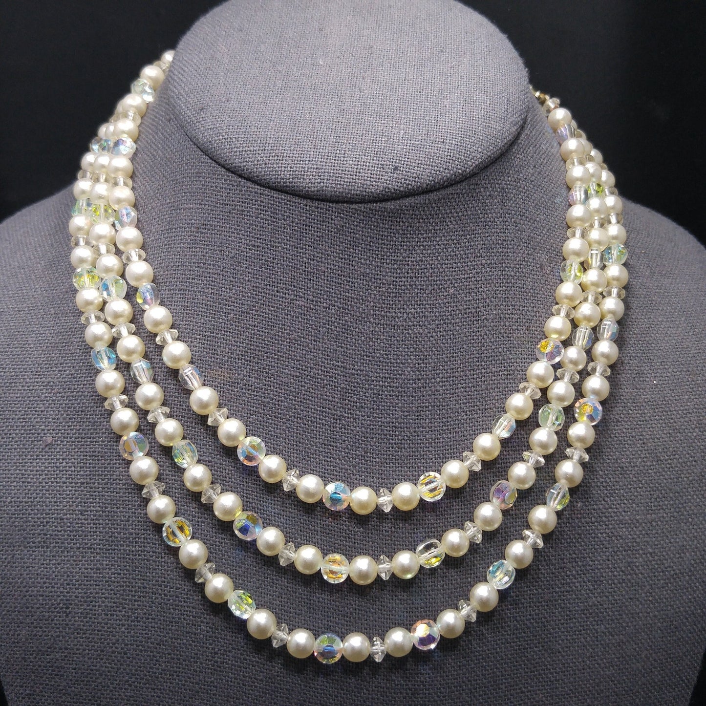 Mid-Century Crystal Faux Pearl Necklace, Three Strands, 1950s Vintage Jewelry