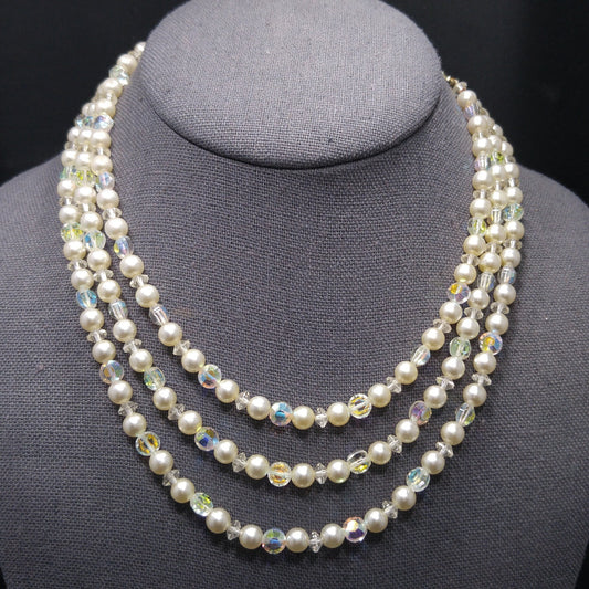 Mid-Century Crystal Faux Pearl Necklace, Three Strands, 1950s Vintage Jewelry